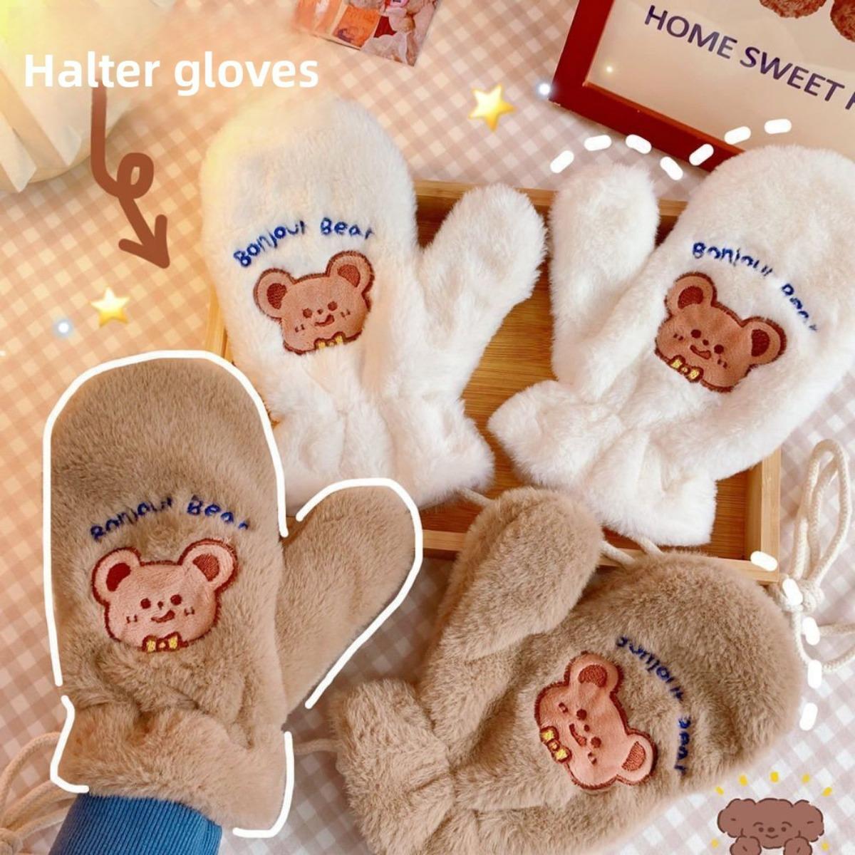 College Style Cartoon Gloves with Thick Windproof and Warm Fur for Autumn and Winter, Casual Plush Cute Teddy Bear with Fingers Hanging Around Neck