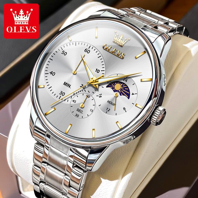 OLEVS Moon Phase Men's Watch Simple Casual Original Fashion Quartz Watch for Men Waterproof Luminous Stainleess Steel Wristwatch