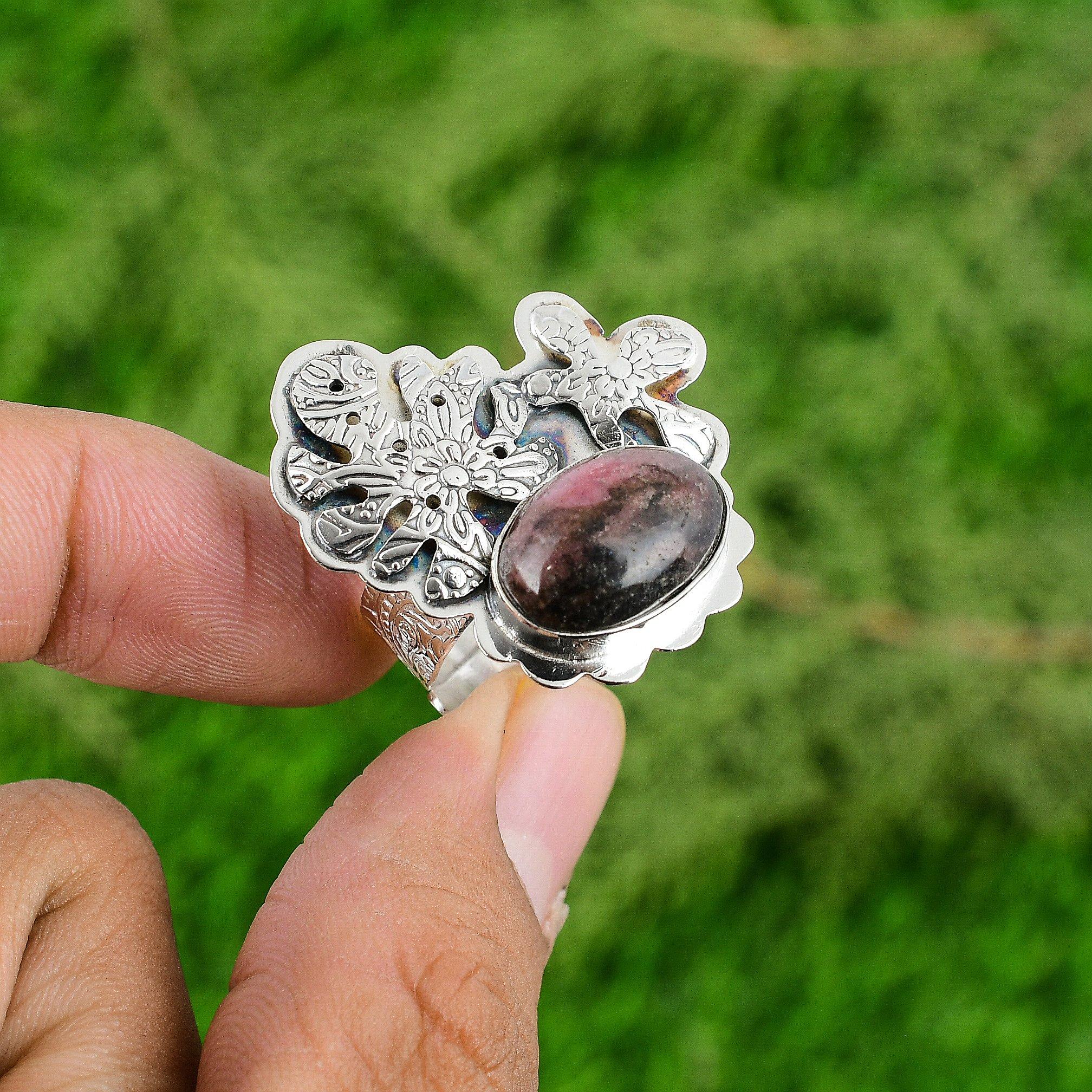 Mothers day Sale 925 Silver Natural Rhodonite Bezel Statement Wife Ring Jewelry