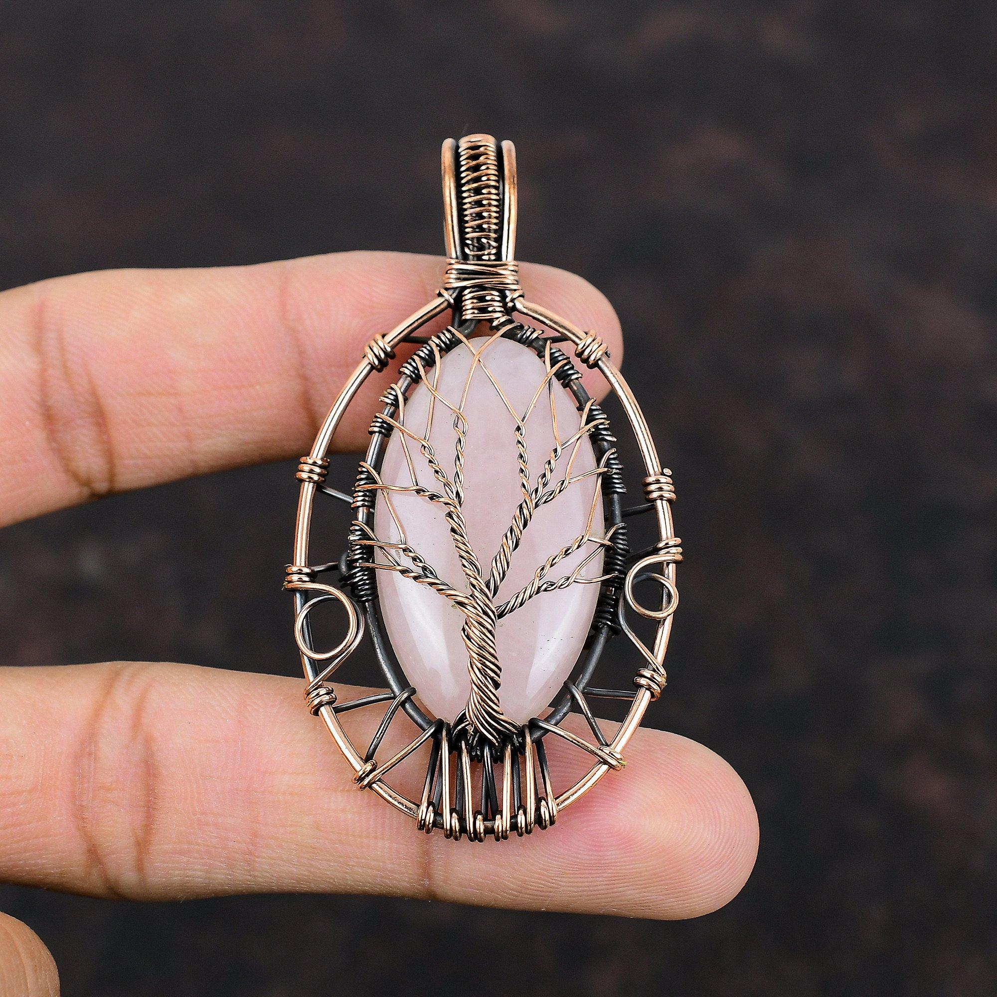 Tree Of Life Rose Quartz Pendant Copper Wire Wrapped Pendant Stylish Pendant Handmade Jewelry Gemstone Pendant For Gift Copper Wire Jewelry
