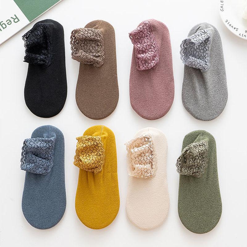 New Autumn Winter Women's Ankle Socks Lace Edged Solid Color Velvet Warm Soft Non Slip Cute Elegant Daily Dating Girls Socks