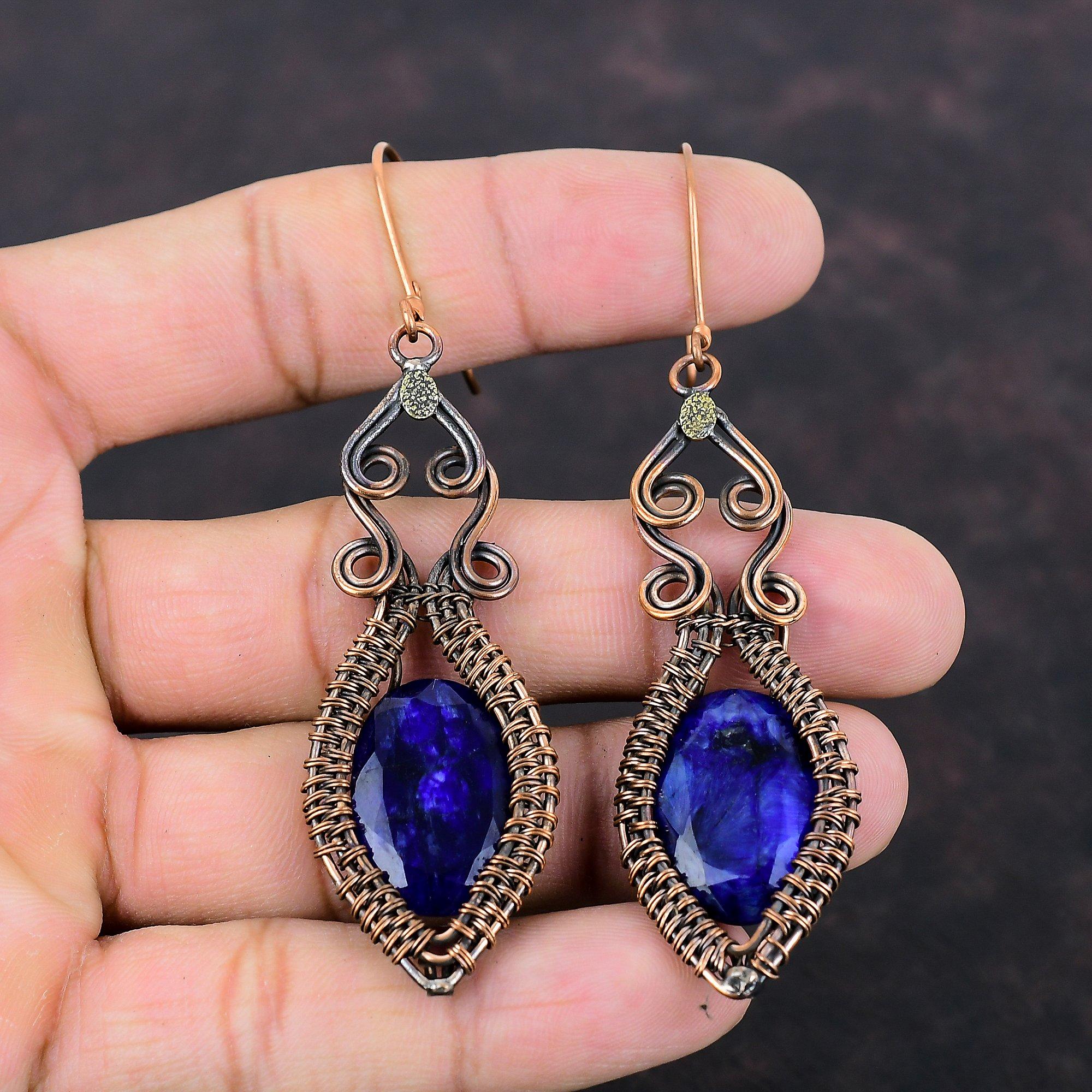 Faceted Blue Sapphire Earrings Copper Wire Wrapped Earring Handmade Real Gemstone Jewelry Designer Earring Copper Wire Jewelry Gift For Her