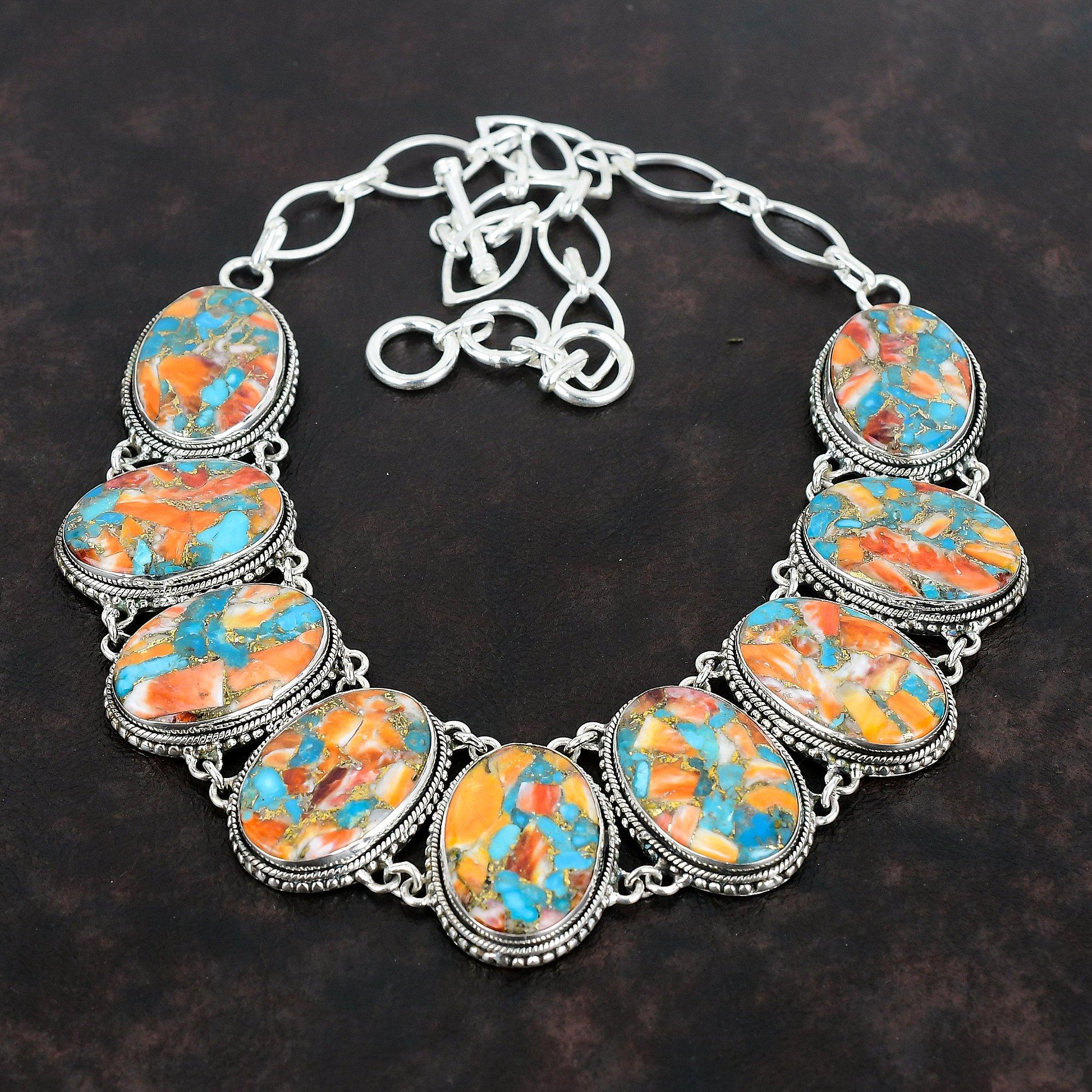 Spiny Oyster Copper Turquoise Gemstone Necklace 925 Sterling Silver Necklace Handmade Adjustable Chain Necklace Vintage Jewelry Gift For Mom