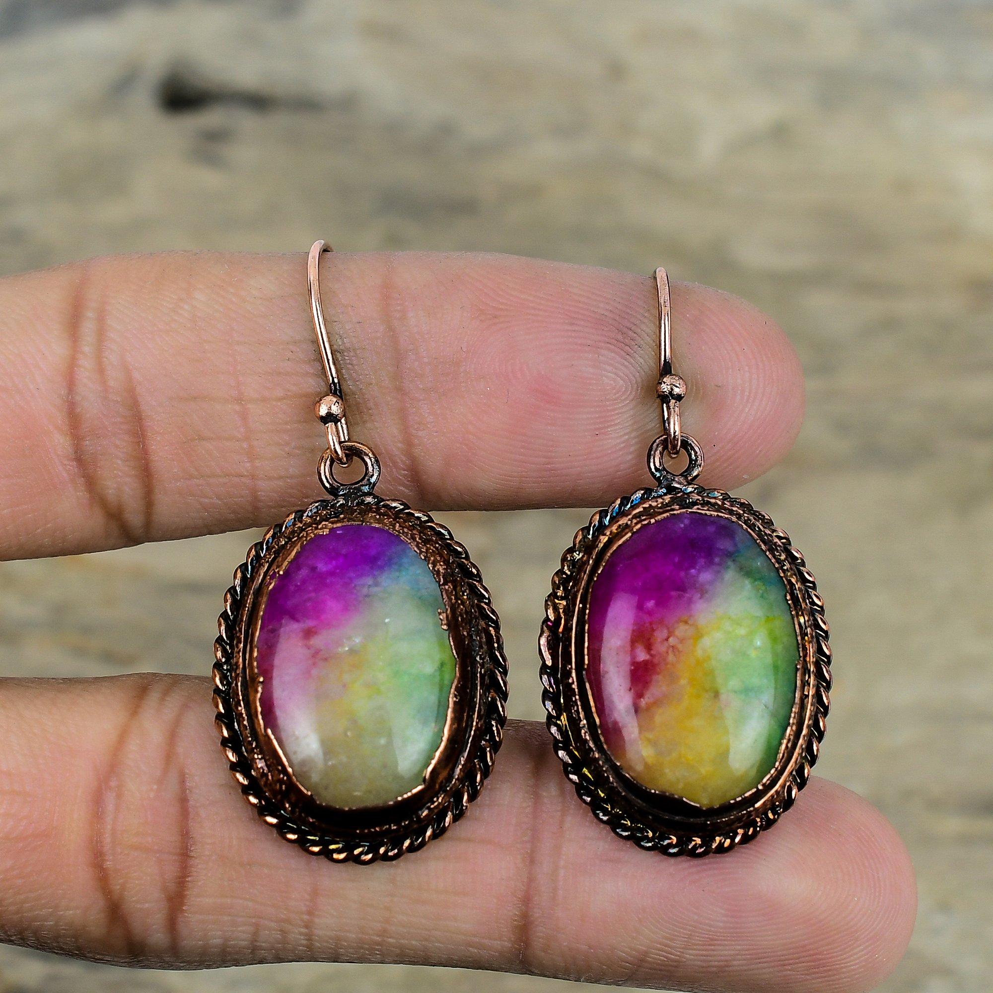 Rainbow Solar Quartz Druzy Earring Electroformed Copper Earrings Gemstone Handmade Earring Very Pretty Electroformed Jewelry Gifts For Mom