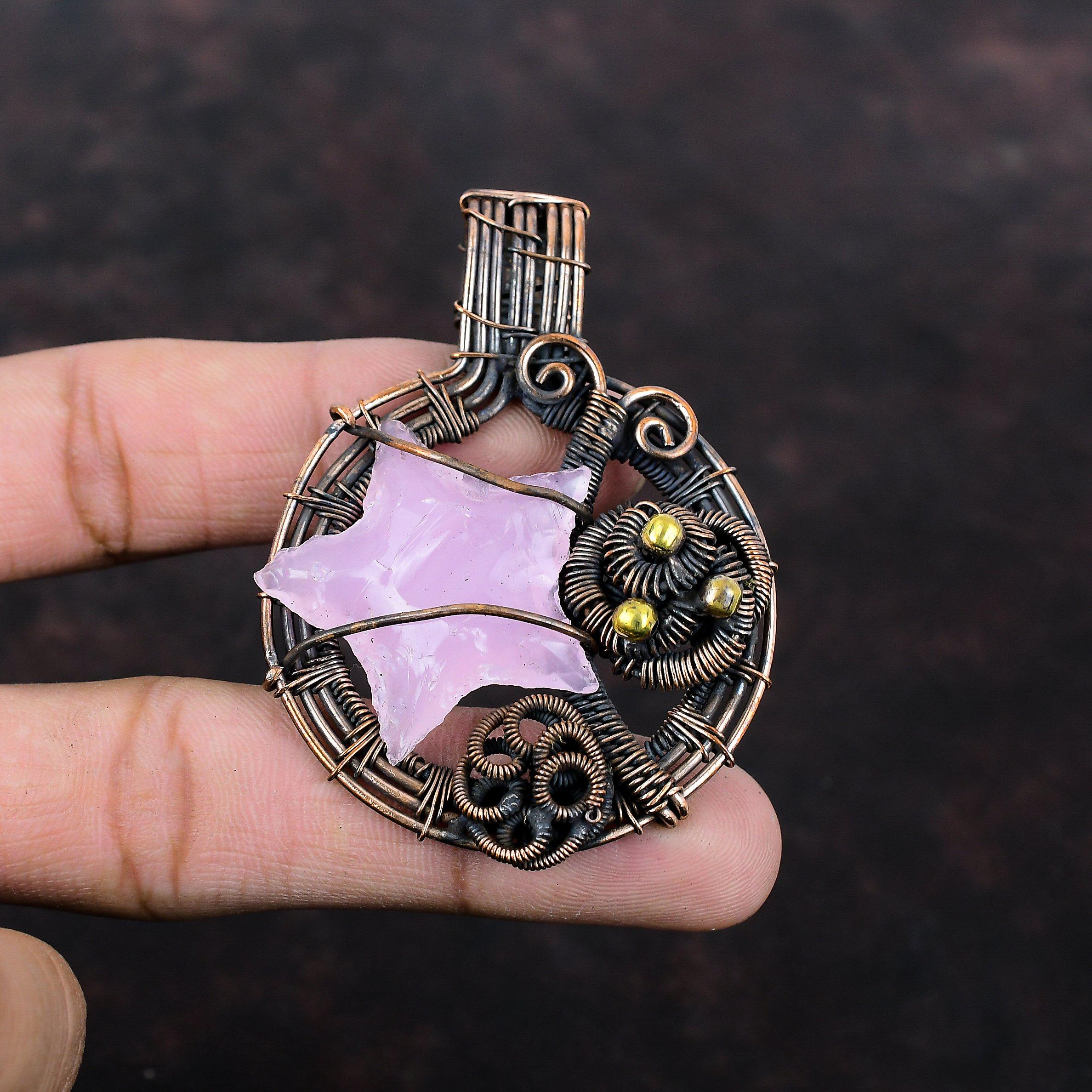 Pink Chalcedony Rough Pendant Copper Wire Wrapped Pendant Handmade Pendant Gemstone Pendant Copper Jewelry Gift For Him Wire Wrapped Jewelry
