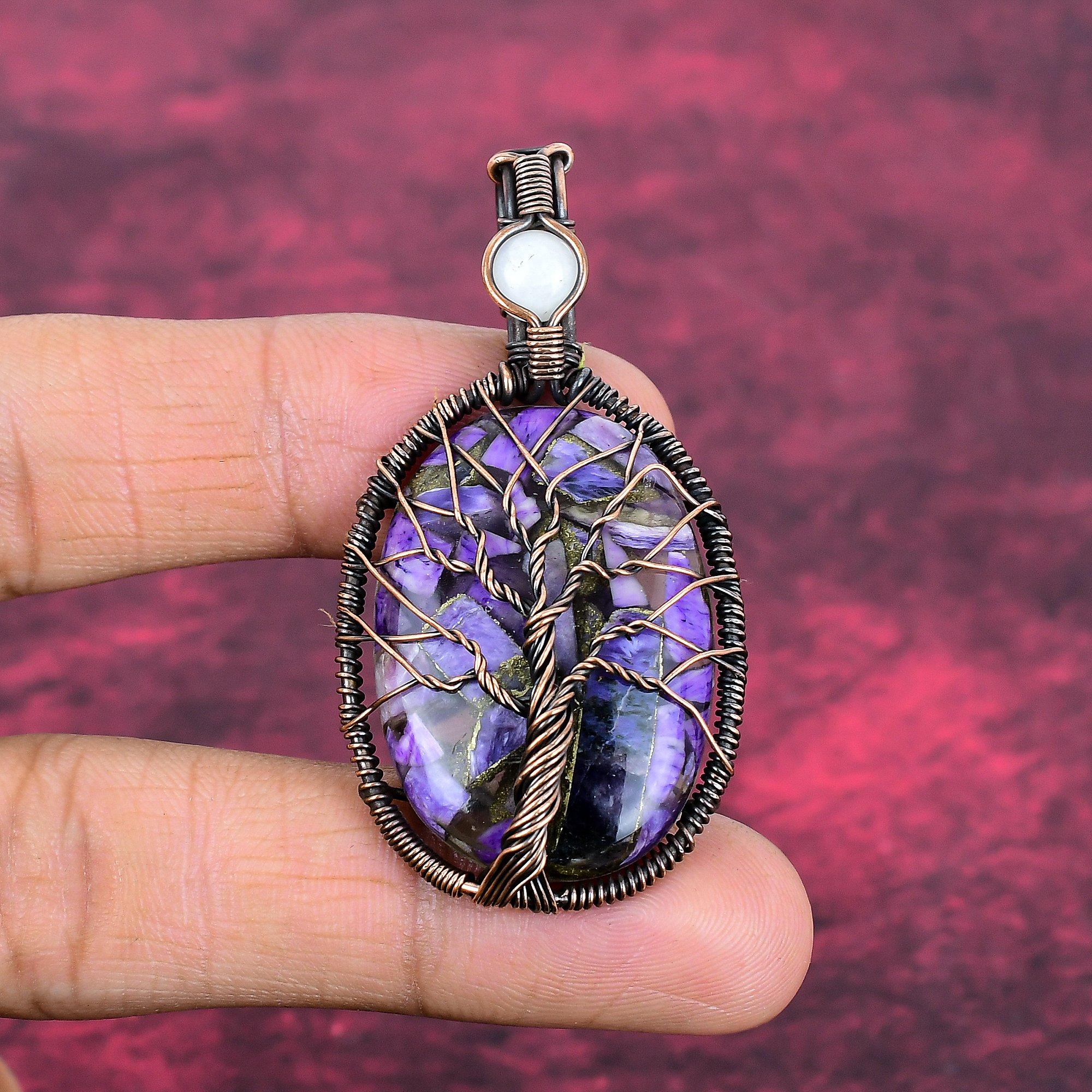Tree Of Life Charoite Pendant Copper Wire Wrapped Rainbow Moonstone Pendant