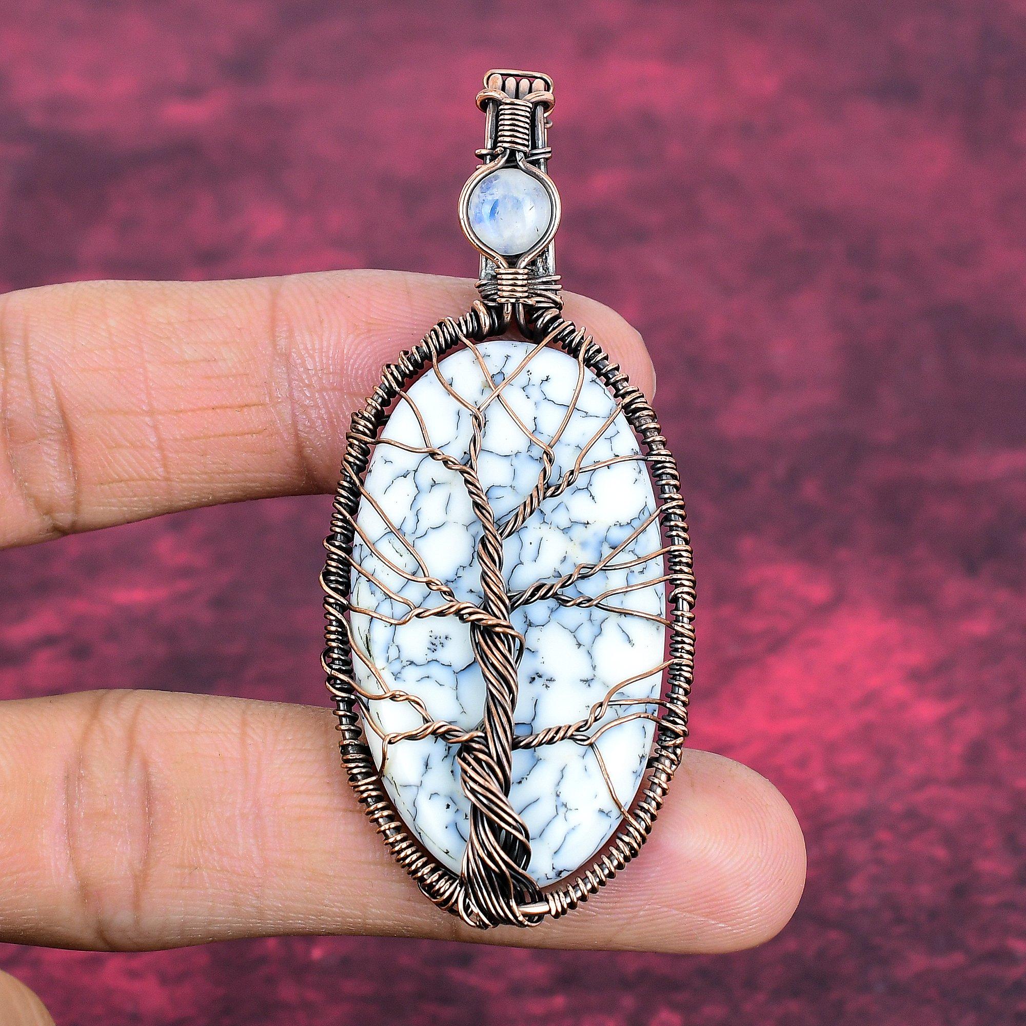 Tree Of Life Dendrite Opal Pendant Copper Wire Wrapped Rainbow Moonstone Jewelry