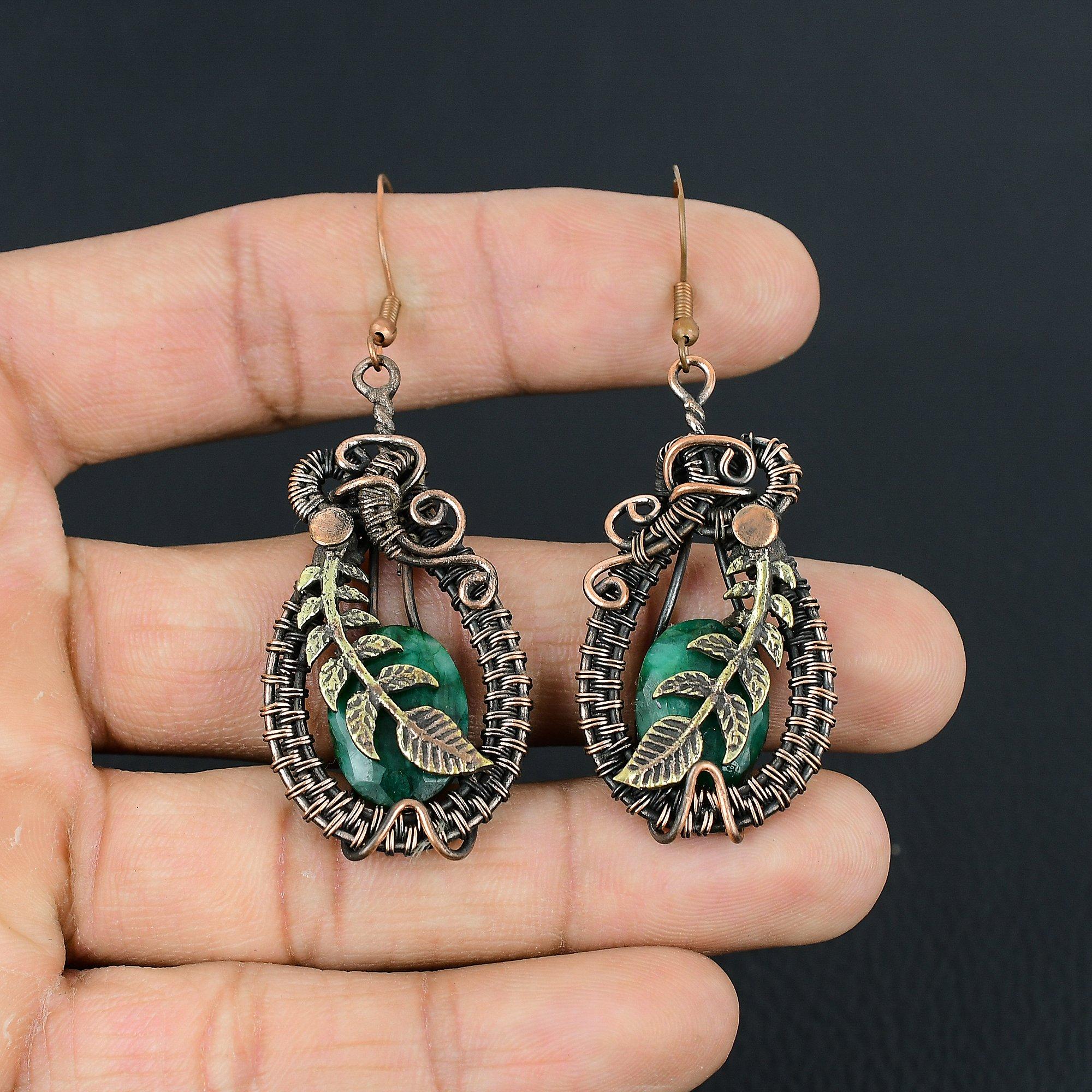 Lab-Created Emerald Gemstone Pure Copper Wire Wrap Handmade Wonderful Jewelry Earrings