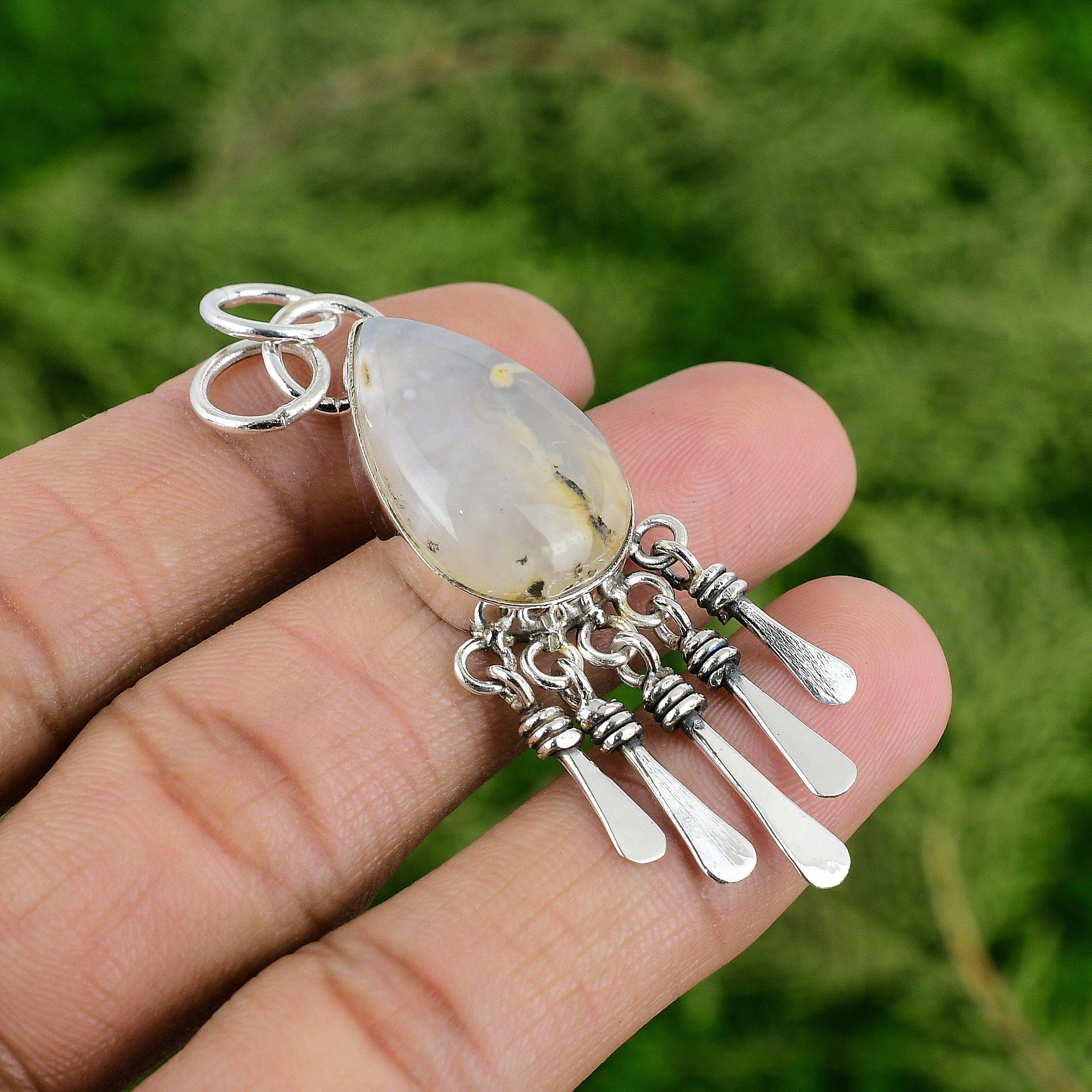 Daughters Day Sale 925 Sterling Silver Plume Agate Stone Engagement Wife Pendant