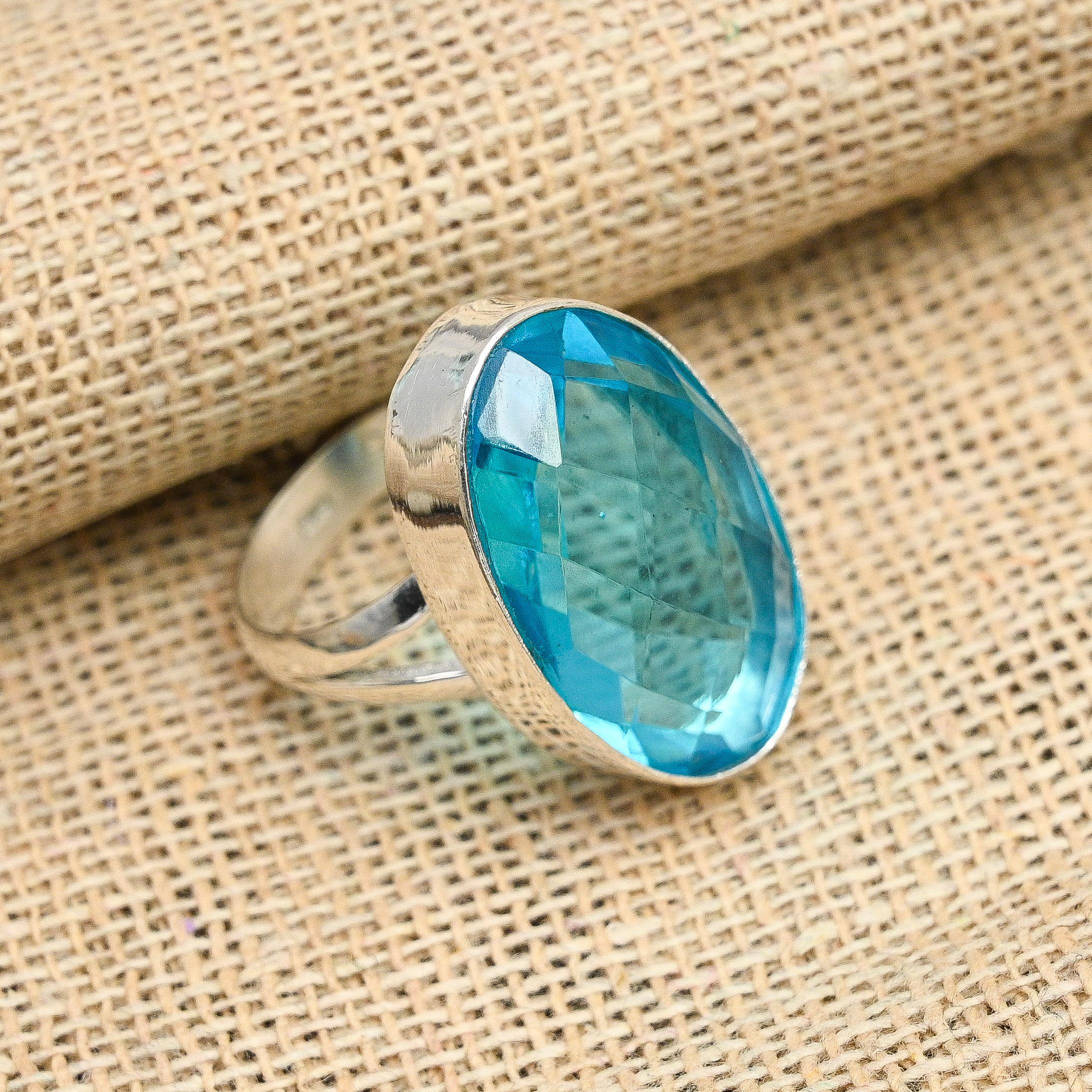 Hermoso anillo de plata de ley maciza 925 hecho a mano con piedra preciosa de topacio azul para mujer