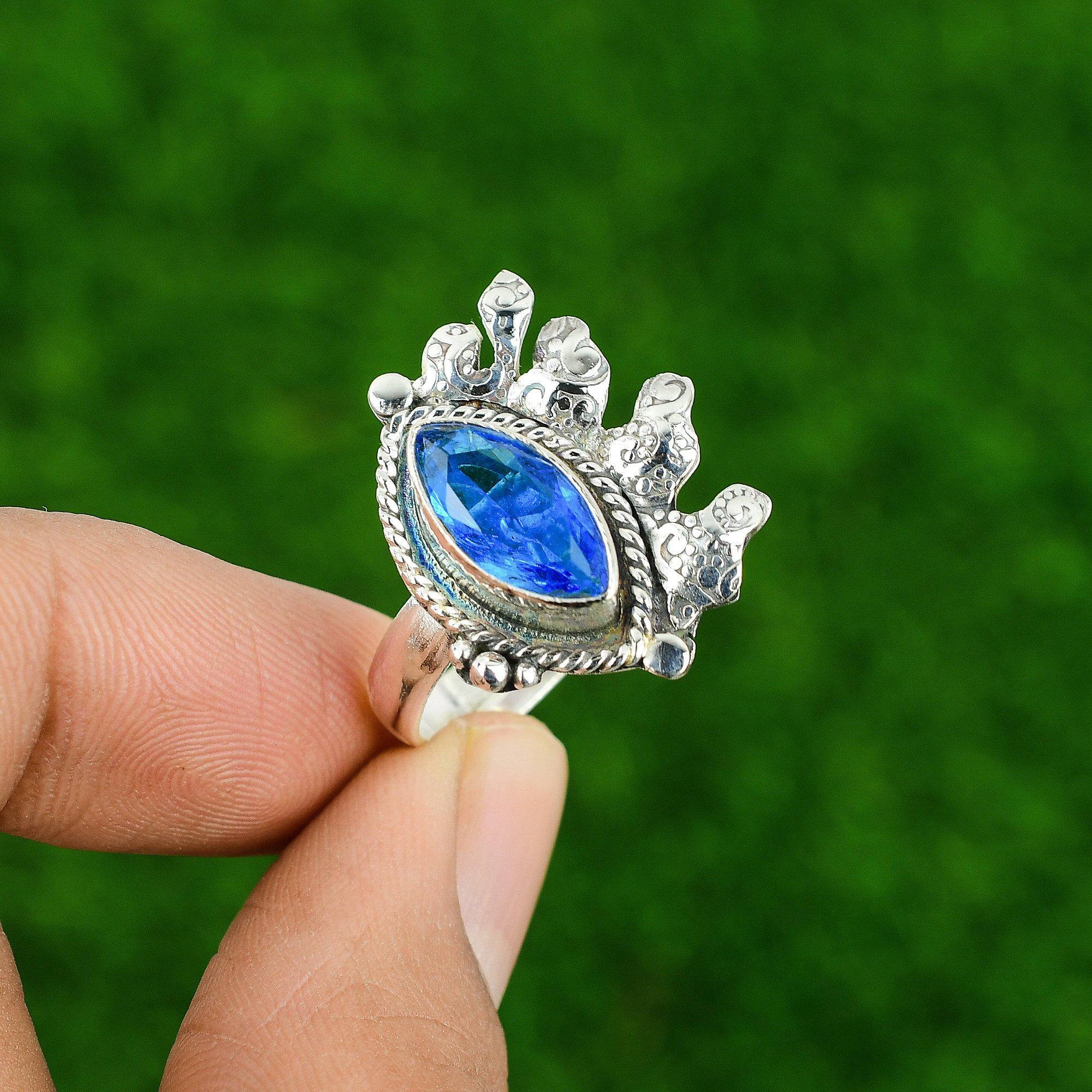 Natural Swiss Blue Topaz Gemstone 925 Silver Statement Adjustable Ring For Girls