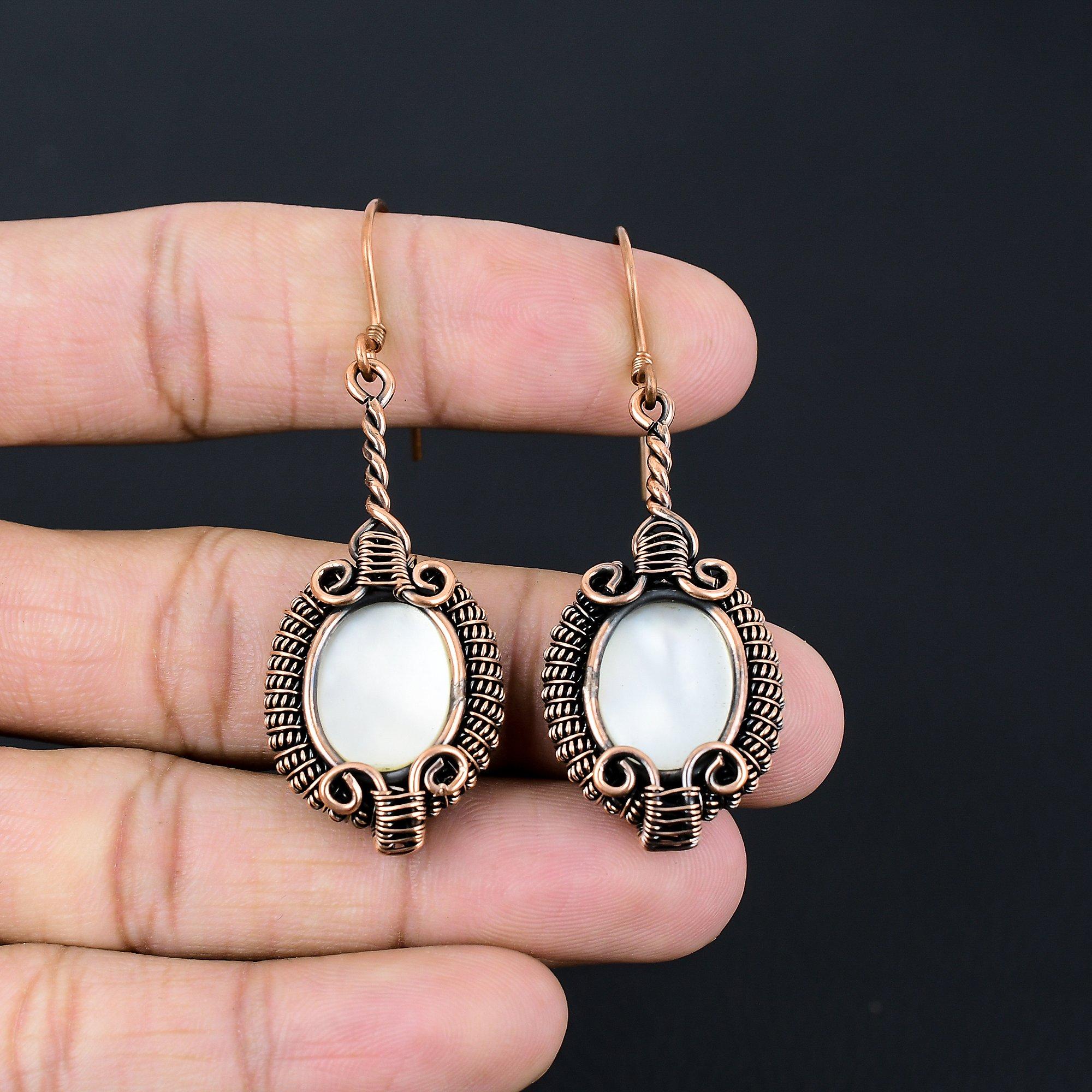 Lavish Mother Of Pearl Gemstone Handmade Pure Copper Wire Wrapped Earring Jewelry