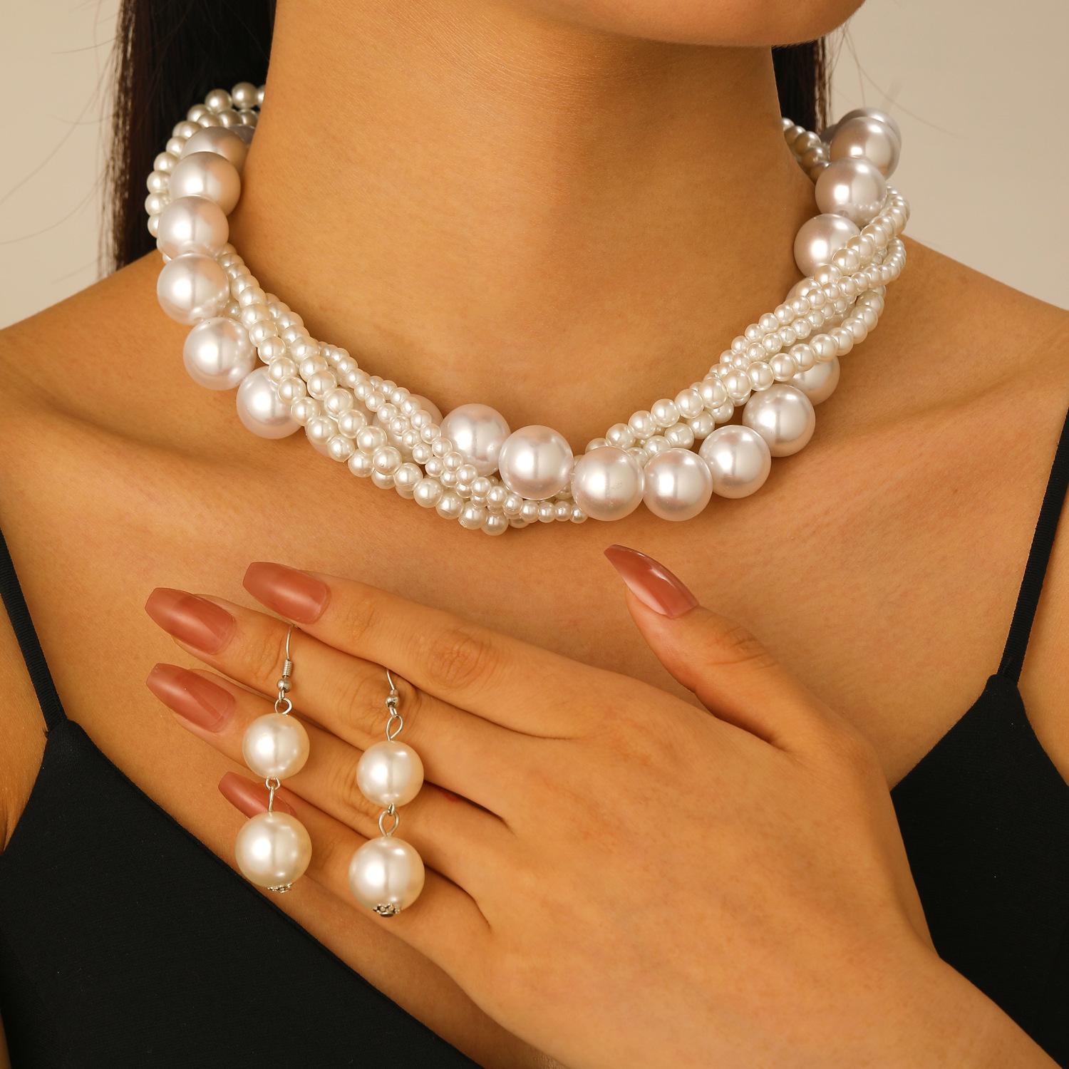 Exaggerate Advanced Feeling Imitation Pearl Necklace Earrings Two Piece Set of Stacked Necklaces Jewelry Bijouterie Sets