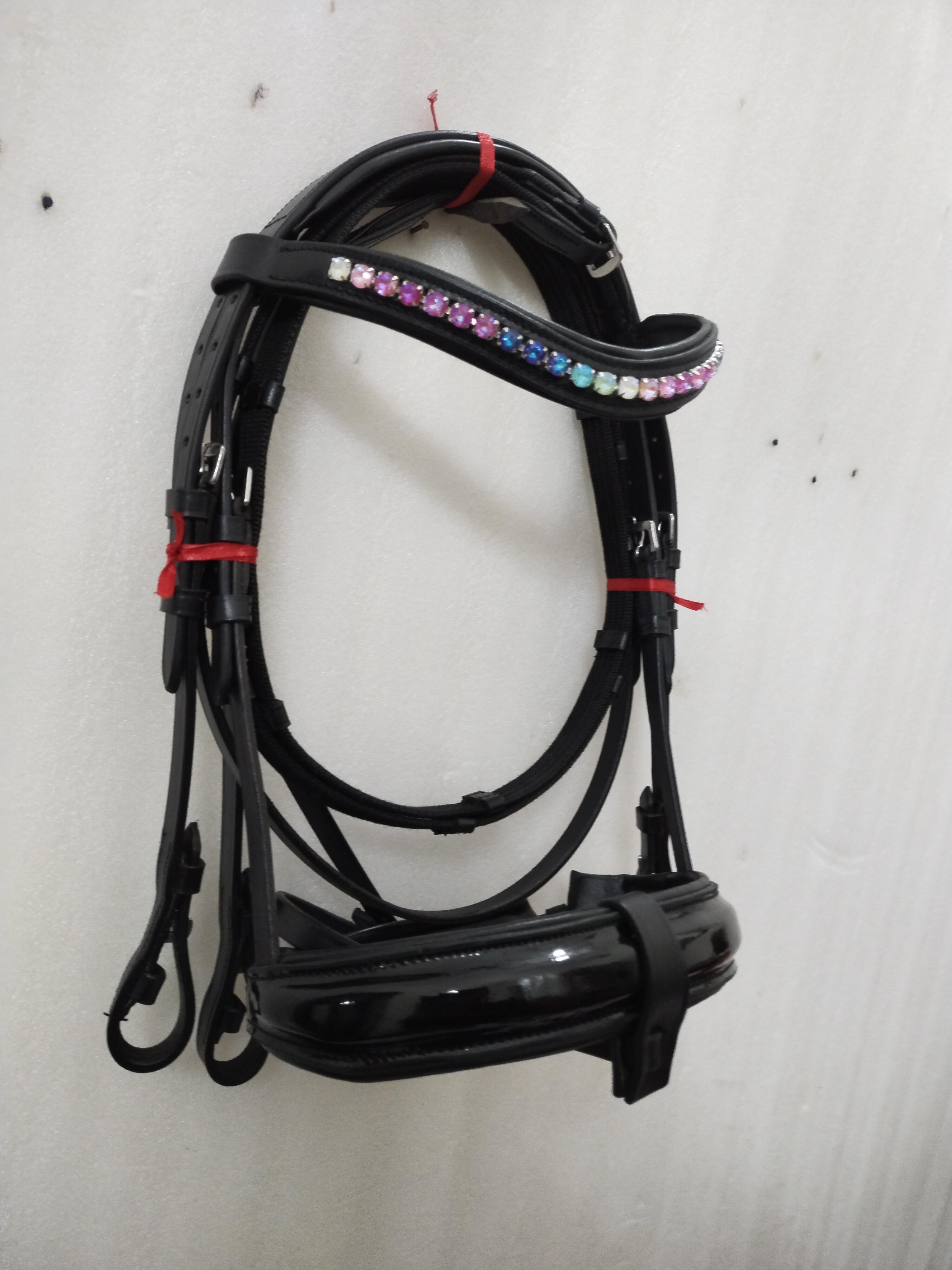 Dressage Leather Bridle Multi Stone Color Brow-band With Patent Nose-Band