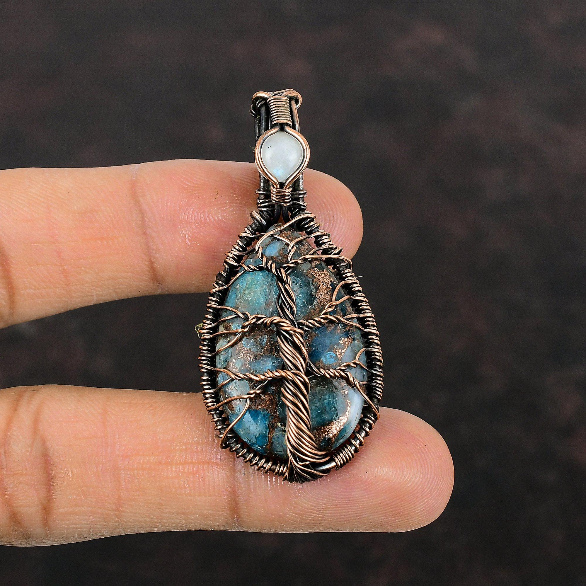 Tree Of Life Copper Neon Apatite Pendant Copper Wire Wrapped Jewelry Handmade Copper Wire Pendant Rainbow Moonstone Pendant Gemstone Jewelry