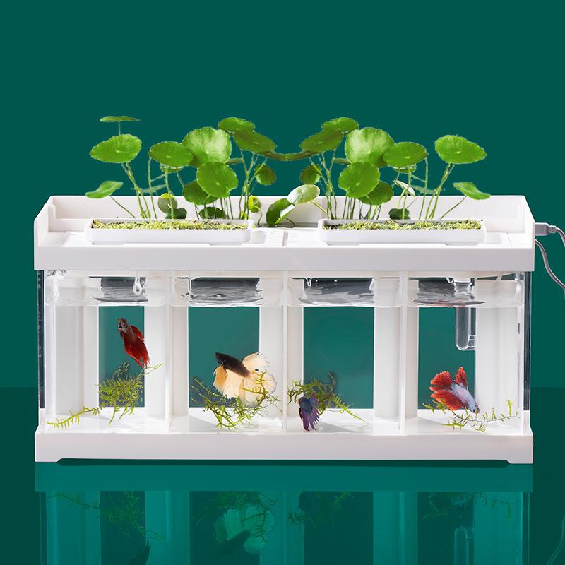 კრეატიული აკრილის მაგიდის ეკოლოგიური თევზის ავზი ფილტრით, არ საჭიროებს წყლის გაცვლას და სპეციალური საიზოლაციო ვედრო თევზის ავზი შუქით