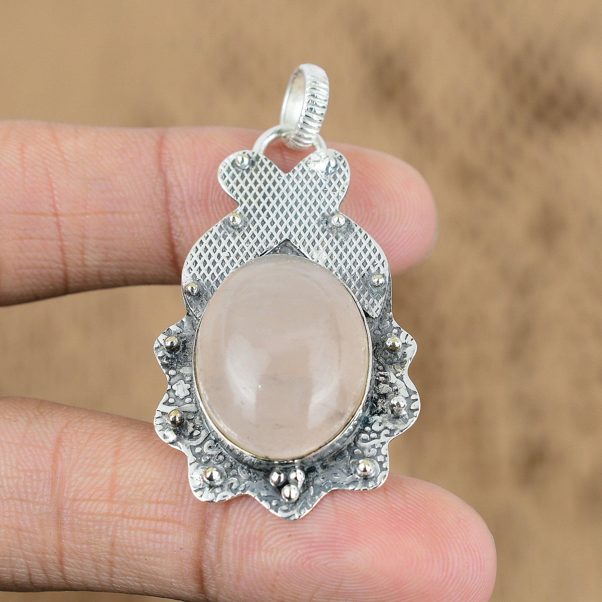 Natural Rose Quartz Gemstone Pendant Handmade 925 Sterling Silver Indian Jewelry