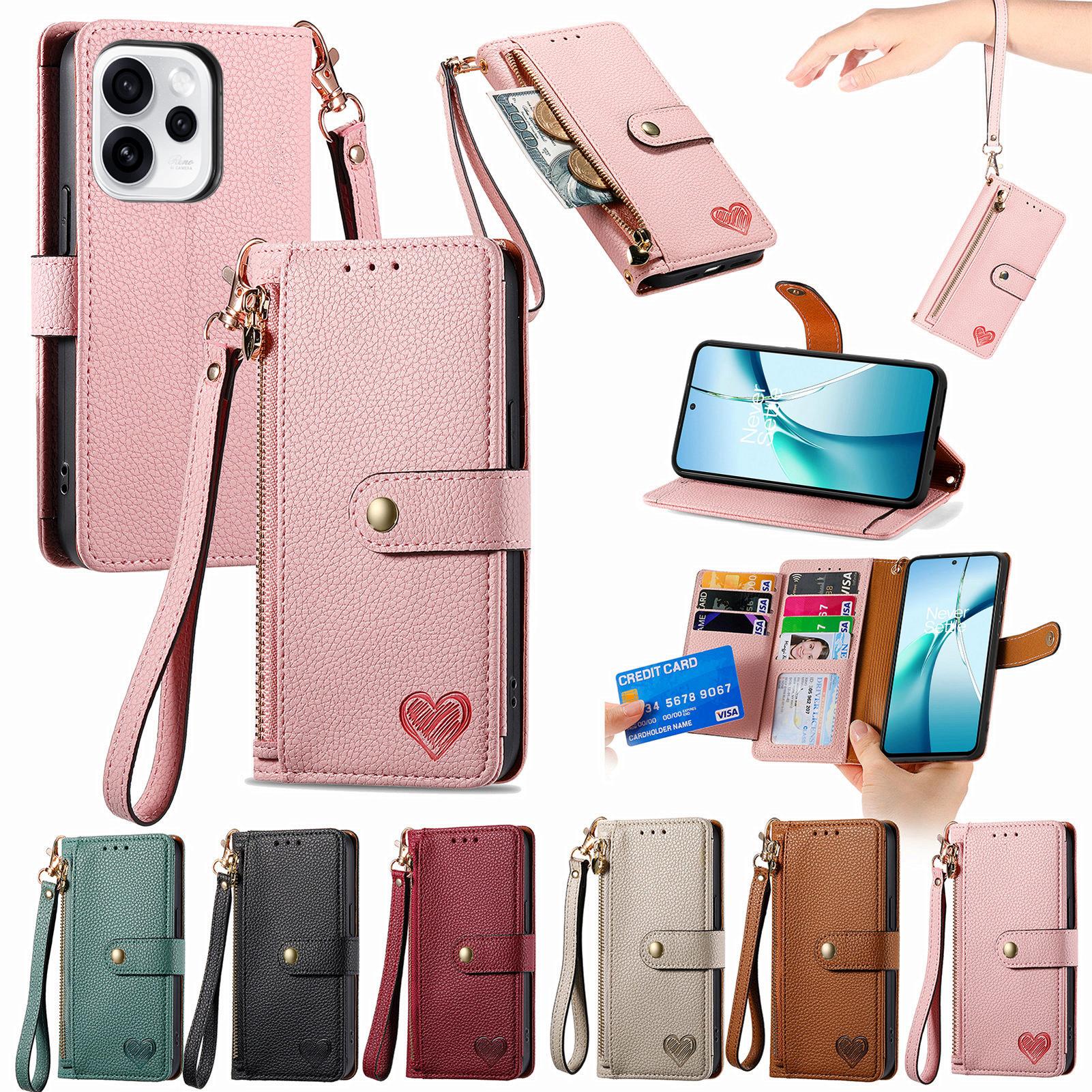 Leather Wallet Flip Case for Google Pixel 11 10 9 Pro XL 9A 8 8A 7 7A 6 6A, Phone Cover Zipper Pocket, Wrist Strap, Heart Emblem