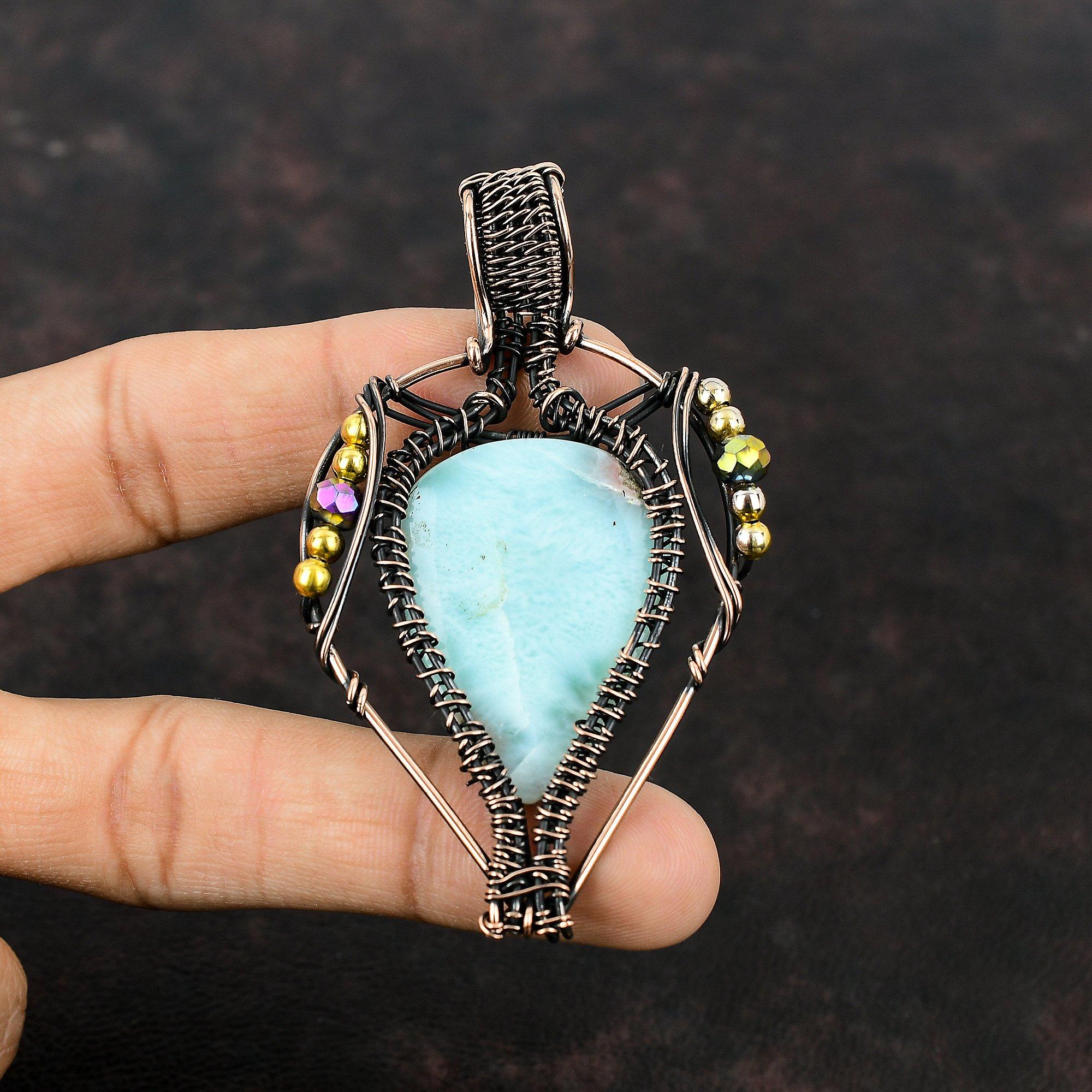 Larimar Pendant Copper Wire Wrapped Pendant Top Quality Gemstone Pendant Handmade Jewelry Copper Jewelry Titanium Beads Pendant Gift For Mom