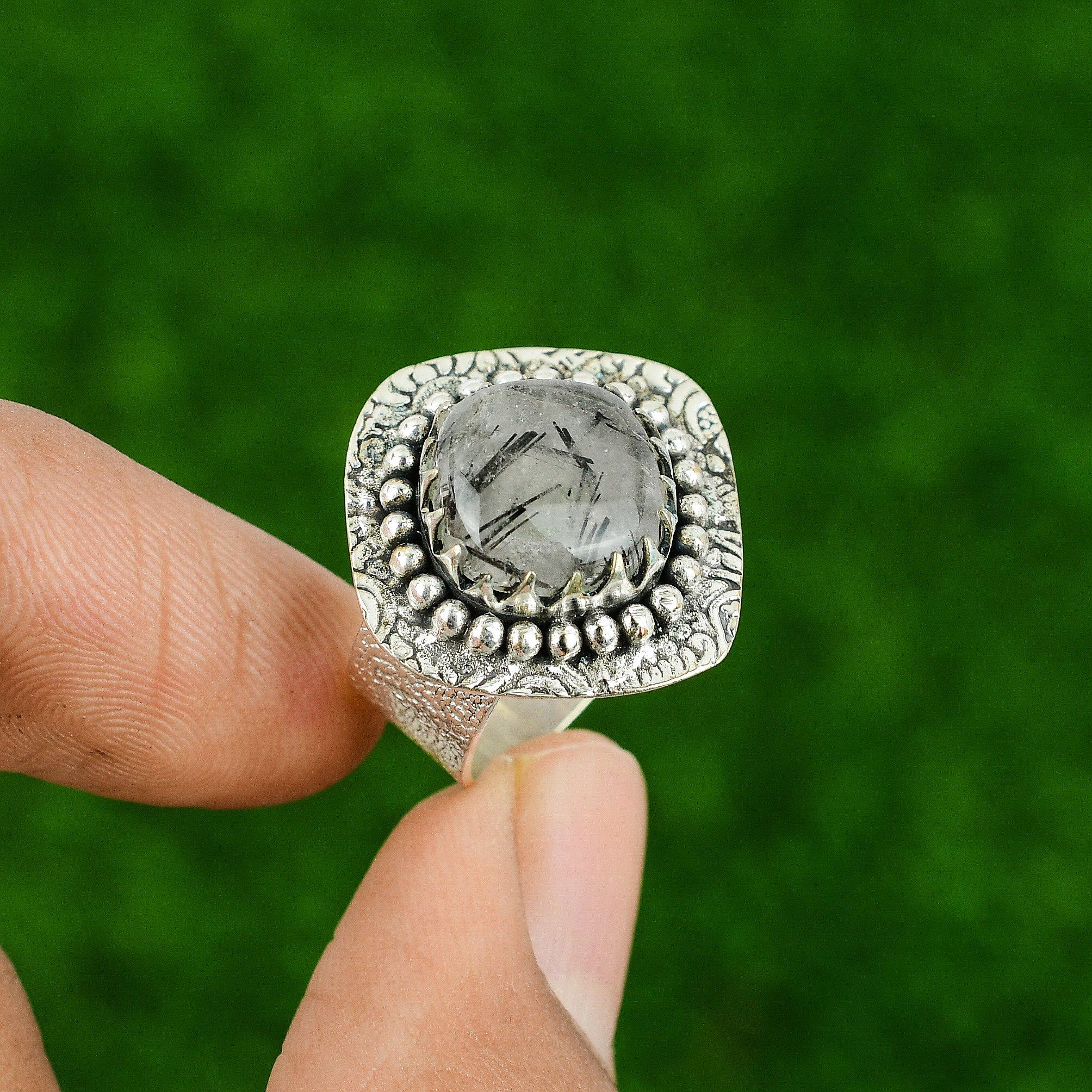Black Rutile Gemstone 925 Sterling Silver Bezel Solitaire Daughter Ring US 6.5