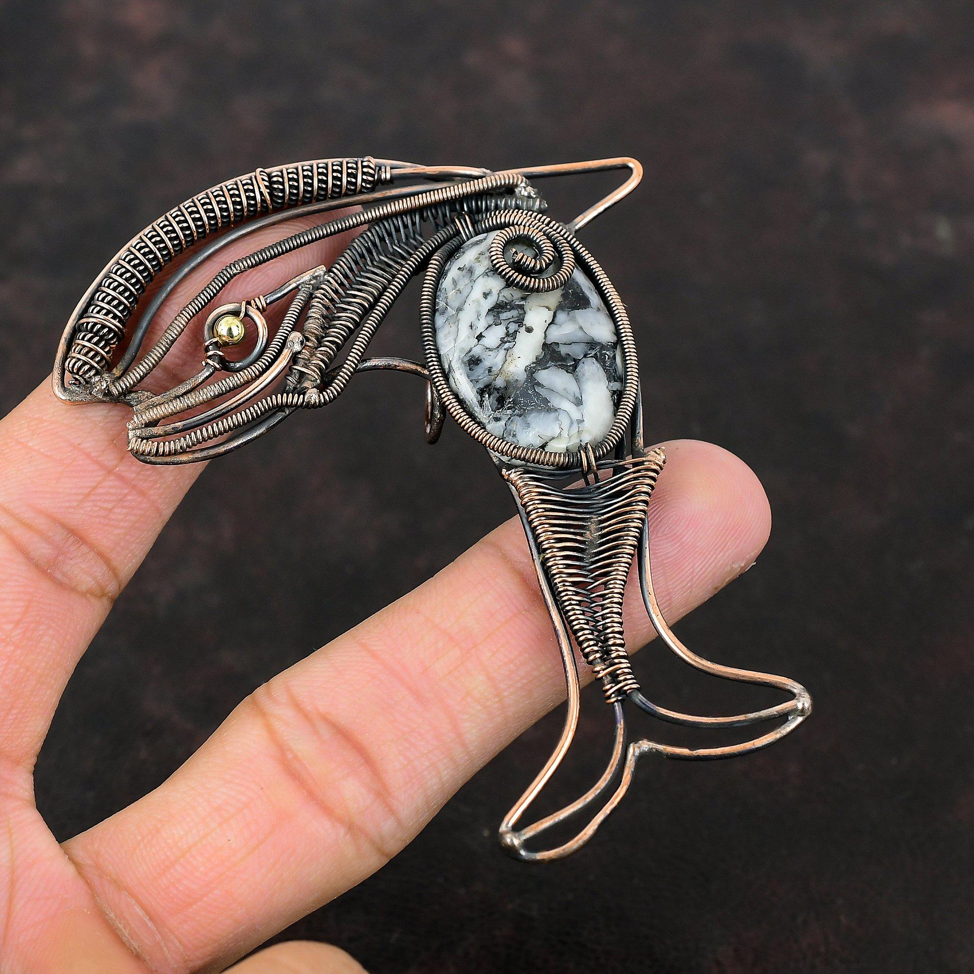 Pinolith Jasper Pendant Copper Wire Wrapped  Pendant Handmade Copper Jewelry Gemstone Fish Pendant Dainty Pendant For Gift Wire Wrap Jewelry