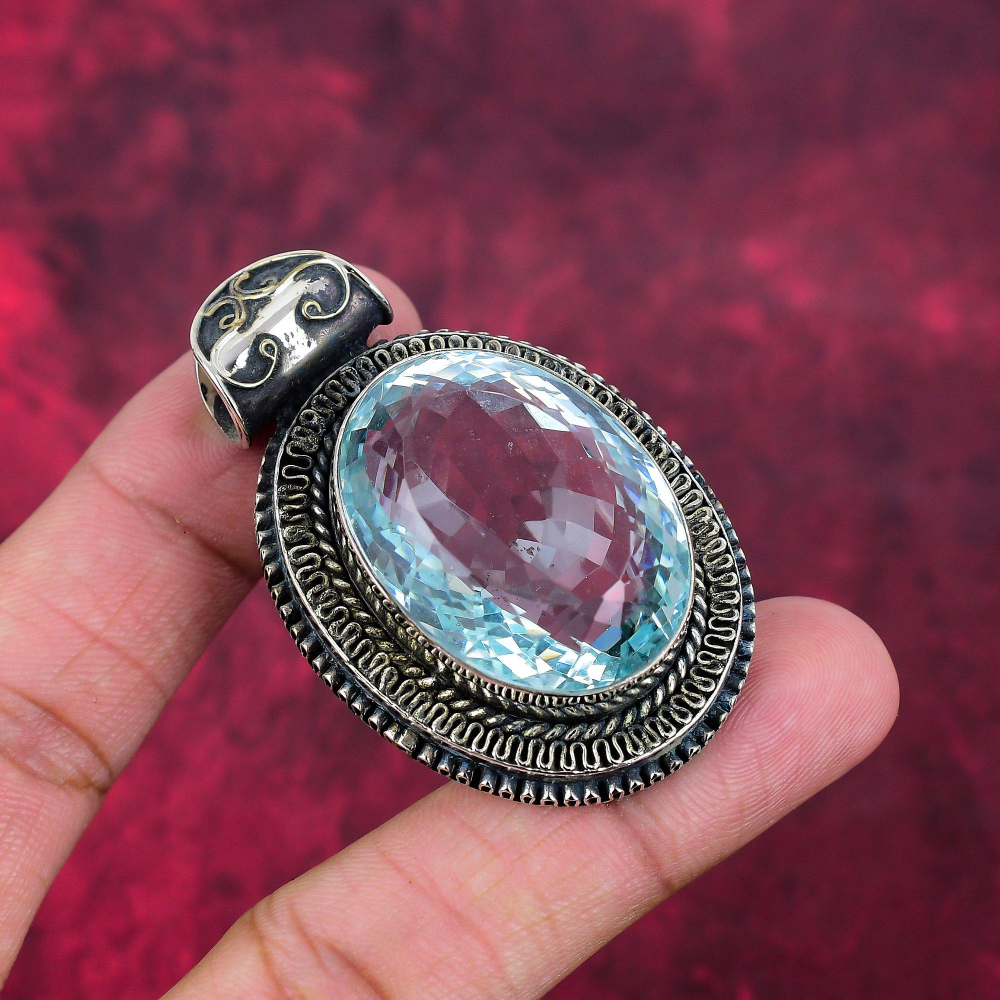Blue Topaz Pendant, 925 Solid Sterling Silver Gemstone Jewelry, Handmade Pendant, For Memorial Day