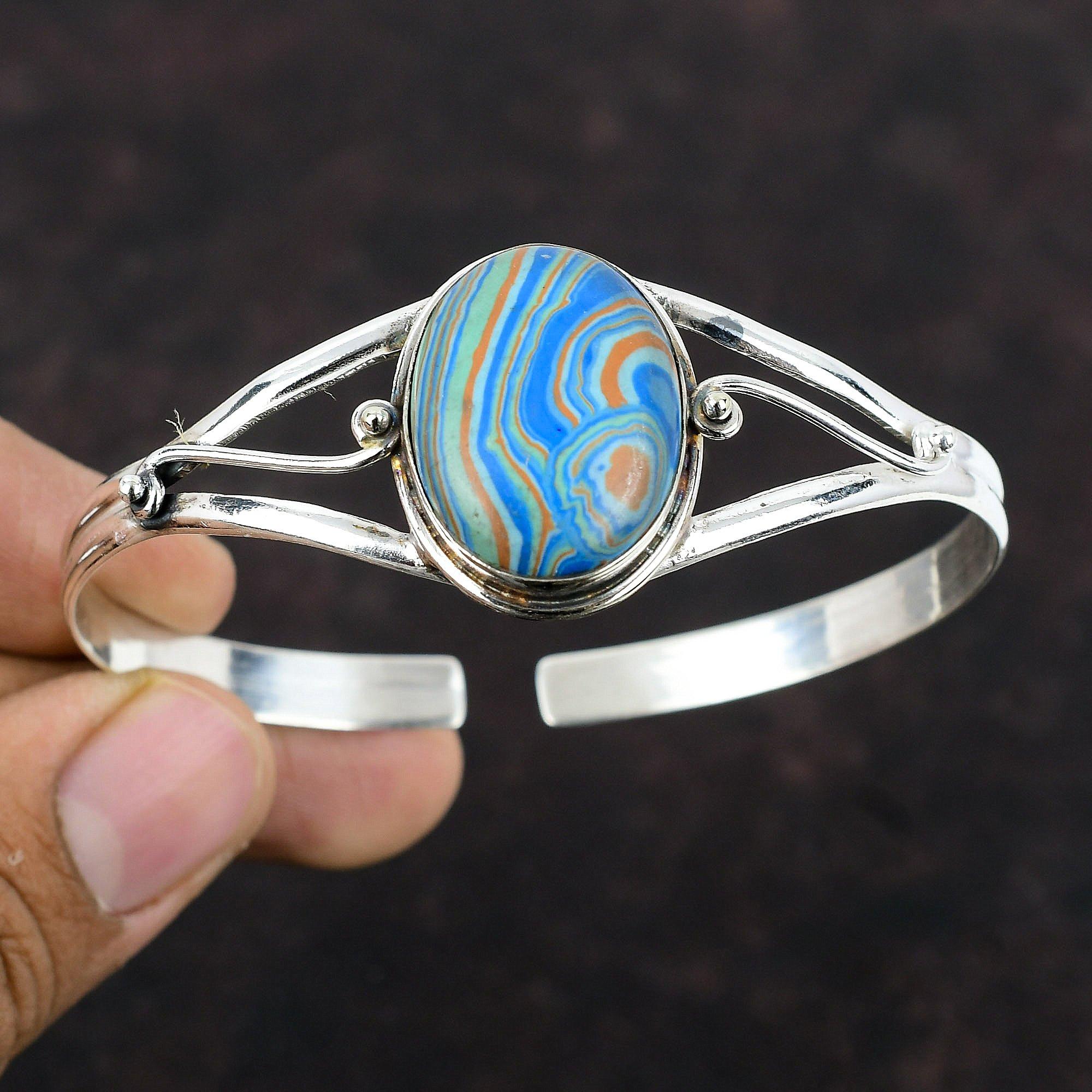 Rainbow Calsilica Cuff Bracelet 925 Sterling Silver Bangle Gemstone Jewelry Adjustable Bangle Handmade Cuff Bracelet Unique Jewelry For Gift