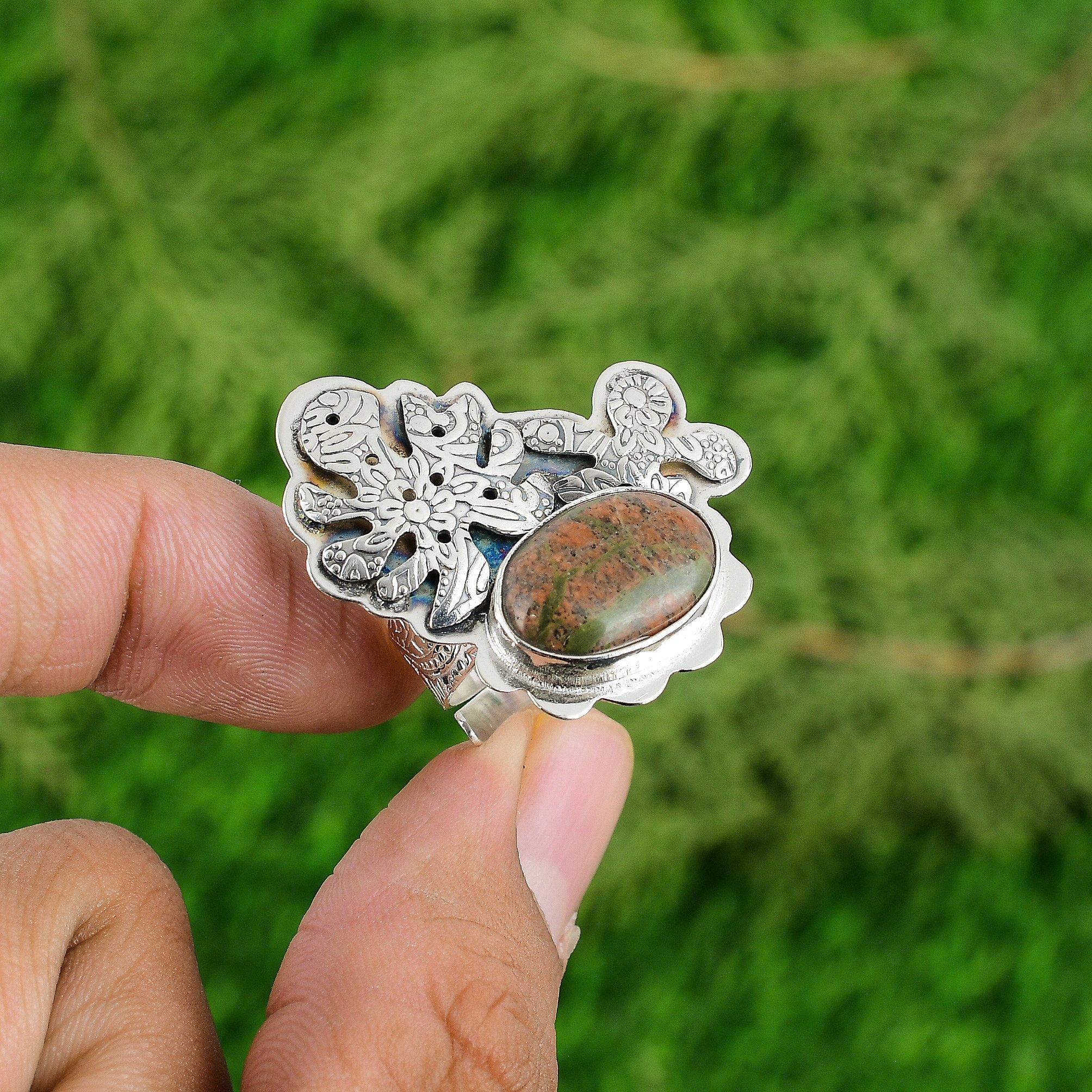 Mothers day Deal 925 Silver Unakite Gemstone Wedding Promise Statement Boho Ring