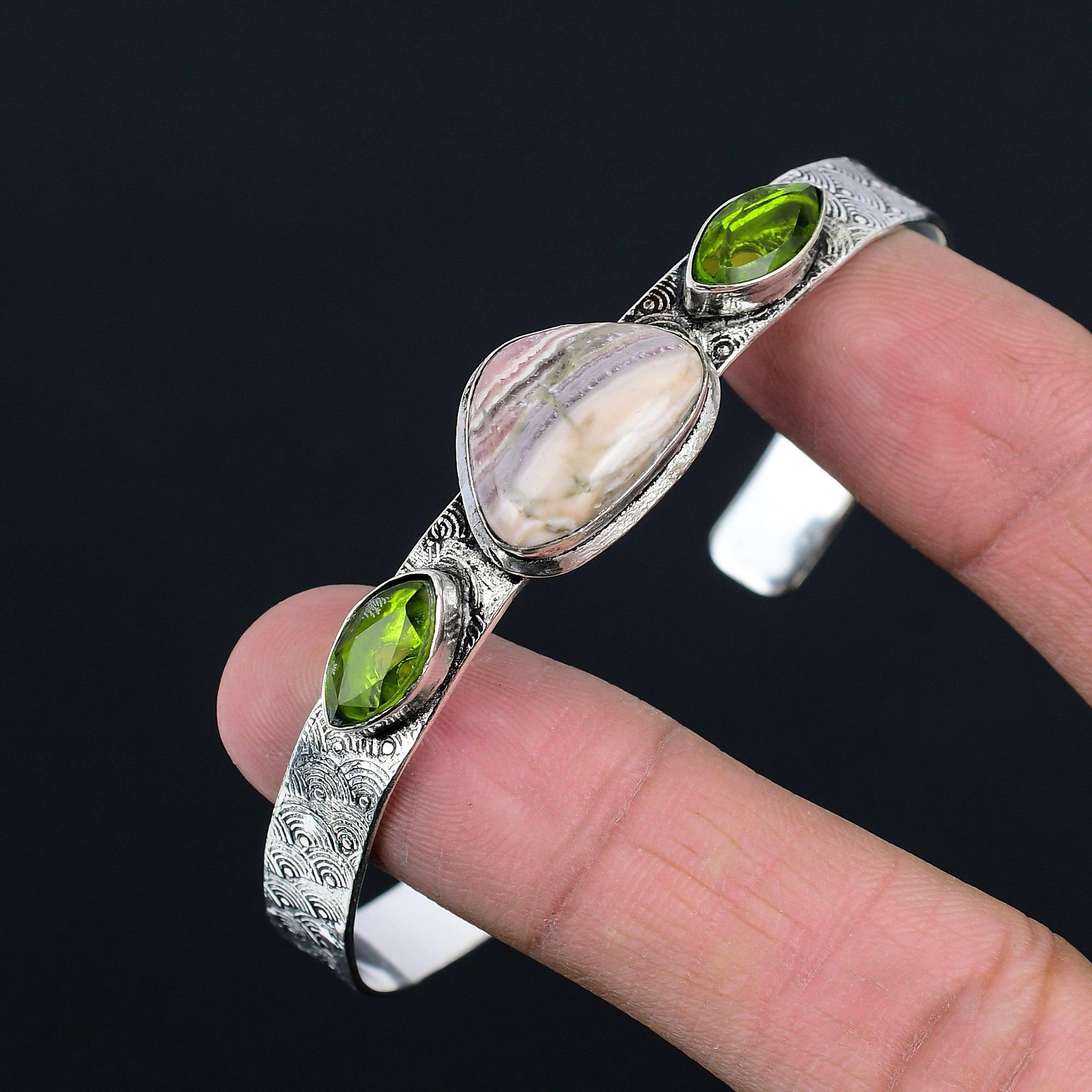 Natural Rhodochrosite Gemstone 925 Sterling Silver Bangle Adjustable For Women