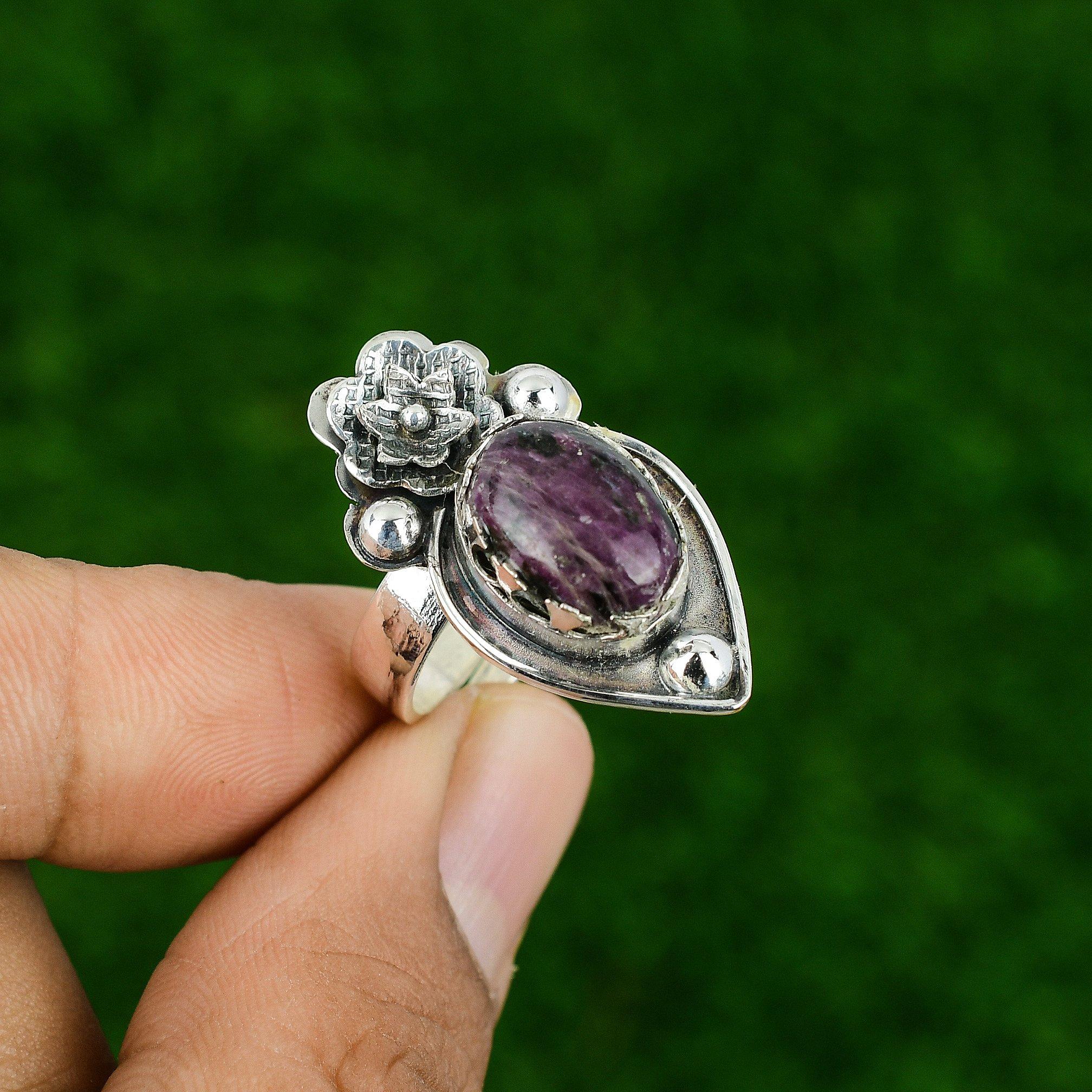 Natural Ruby Zoisite 925 Silver Stackable Flower Adjustable Ring For Women