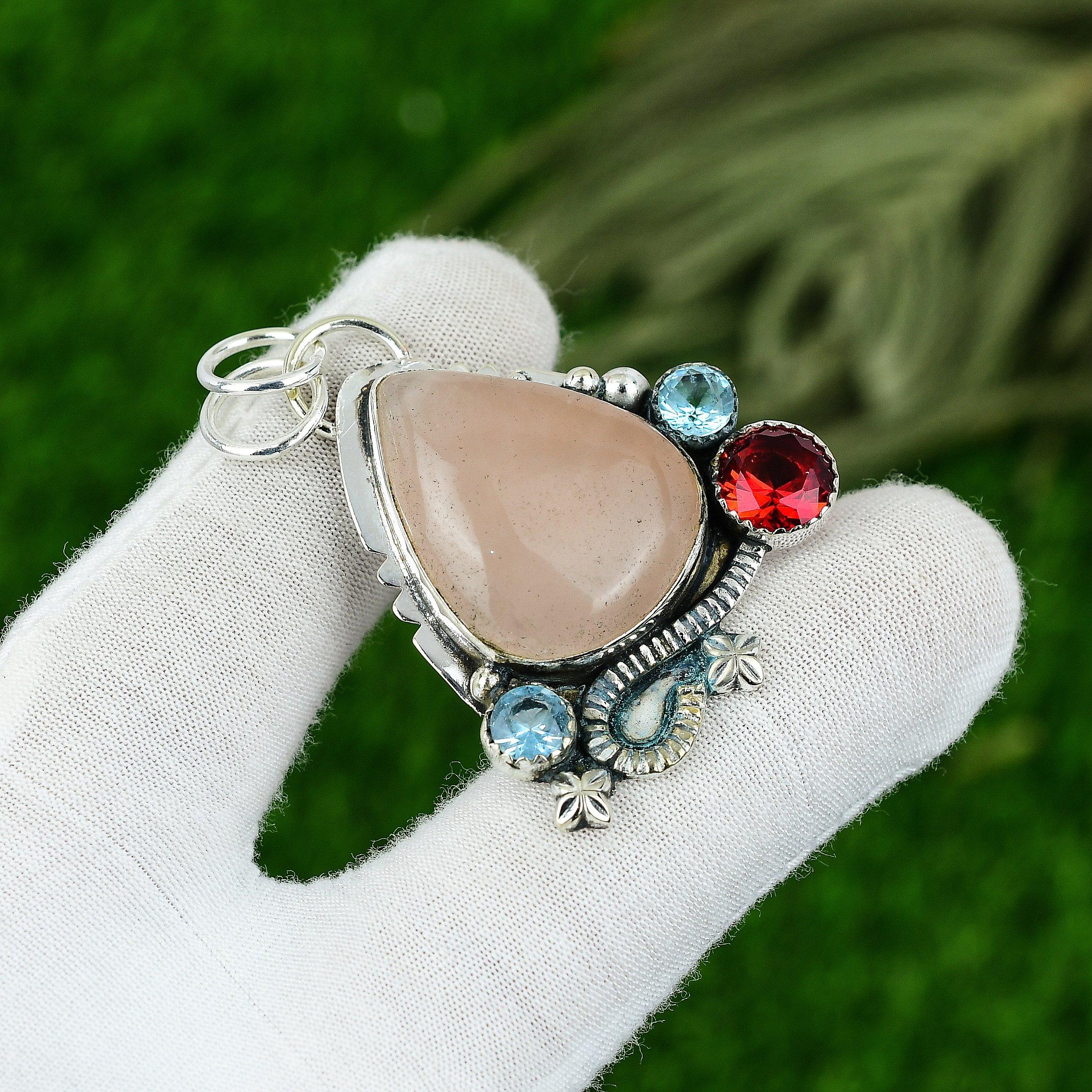 Womens day Sale Sterling Silver Rose Quartz Gemstone Garnet Boho Pendant Jewelry