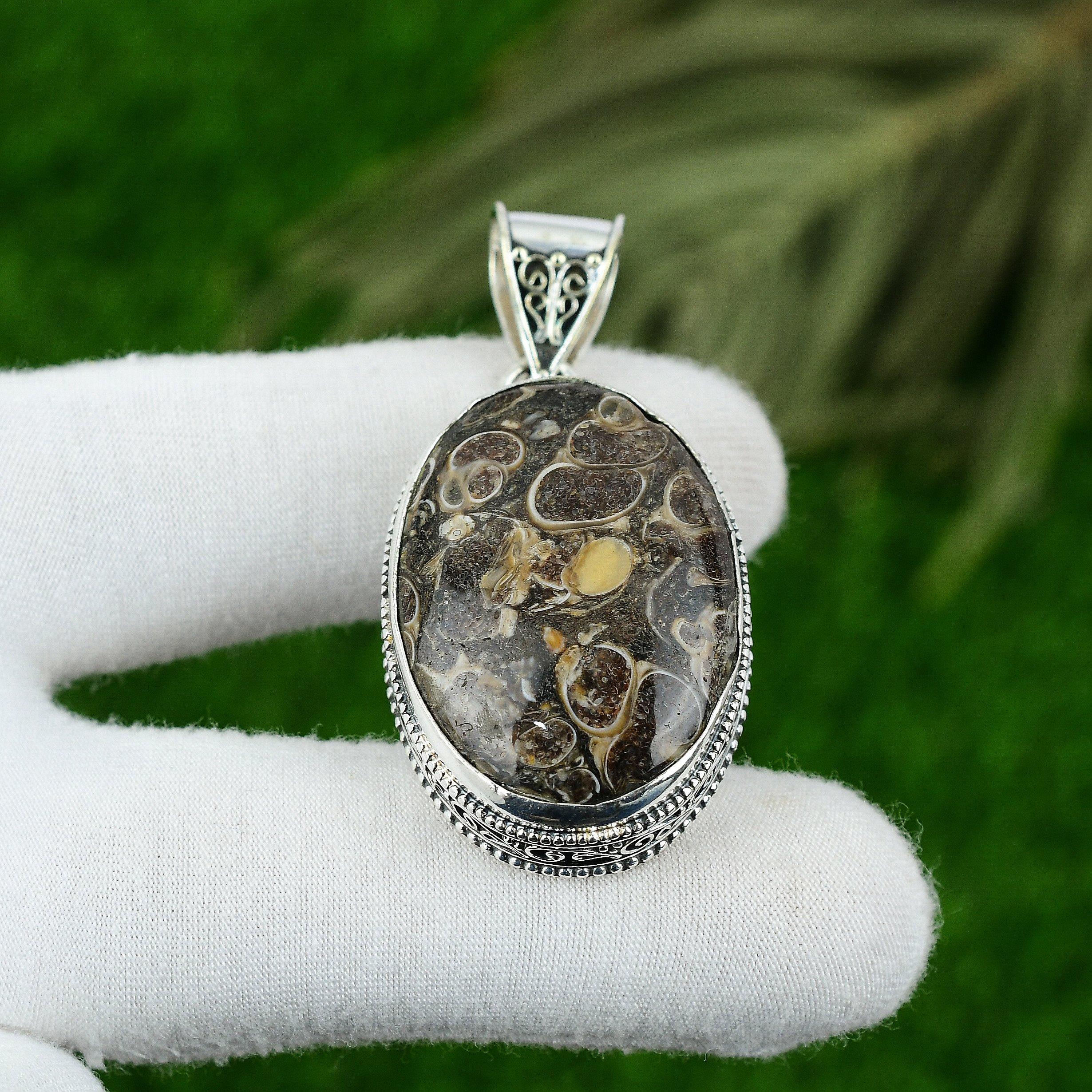 925 Silver Natural Turritella Agate Art Deco Vintage Birthday Pendant Jewelry