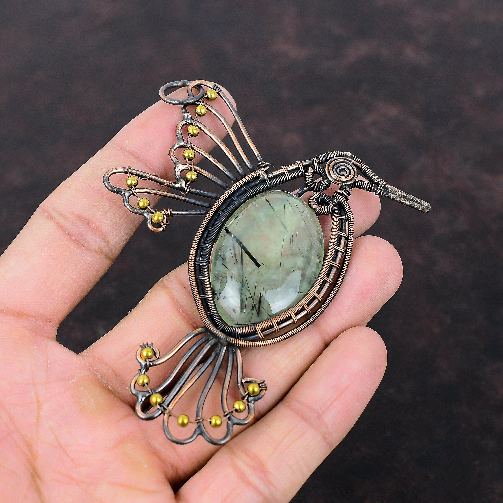 Moss Prehnite Pendant Copper Wire Wrapped Pendant Gemstone Copper Jewelry Dainty Pendant Bird Jewelry Handmade Designer Pendant Gift For Him