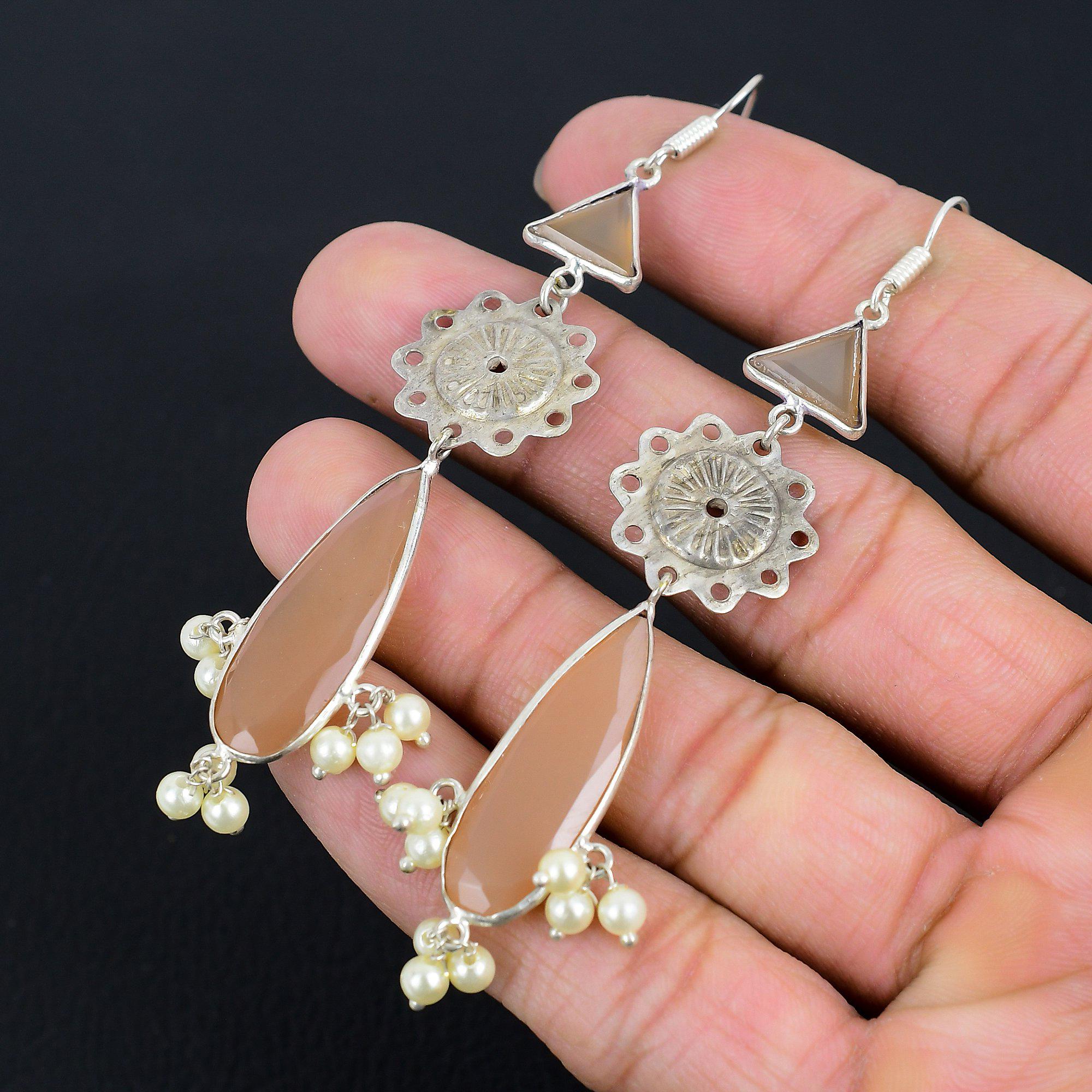 Pear Montana Agate Stone Sterling Silver Sister Drop Dangle Handmade Earrings