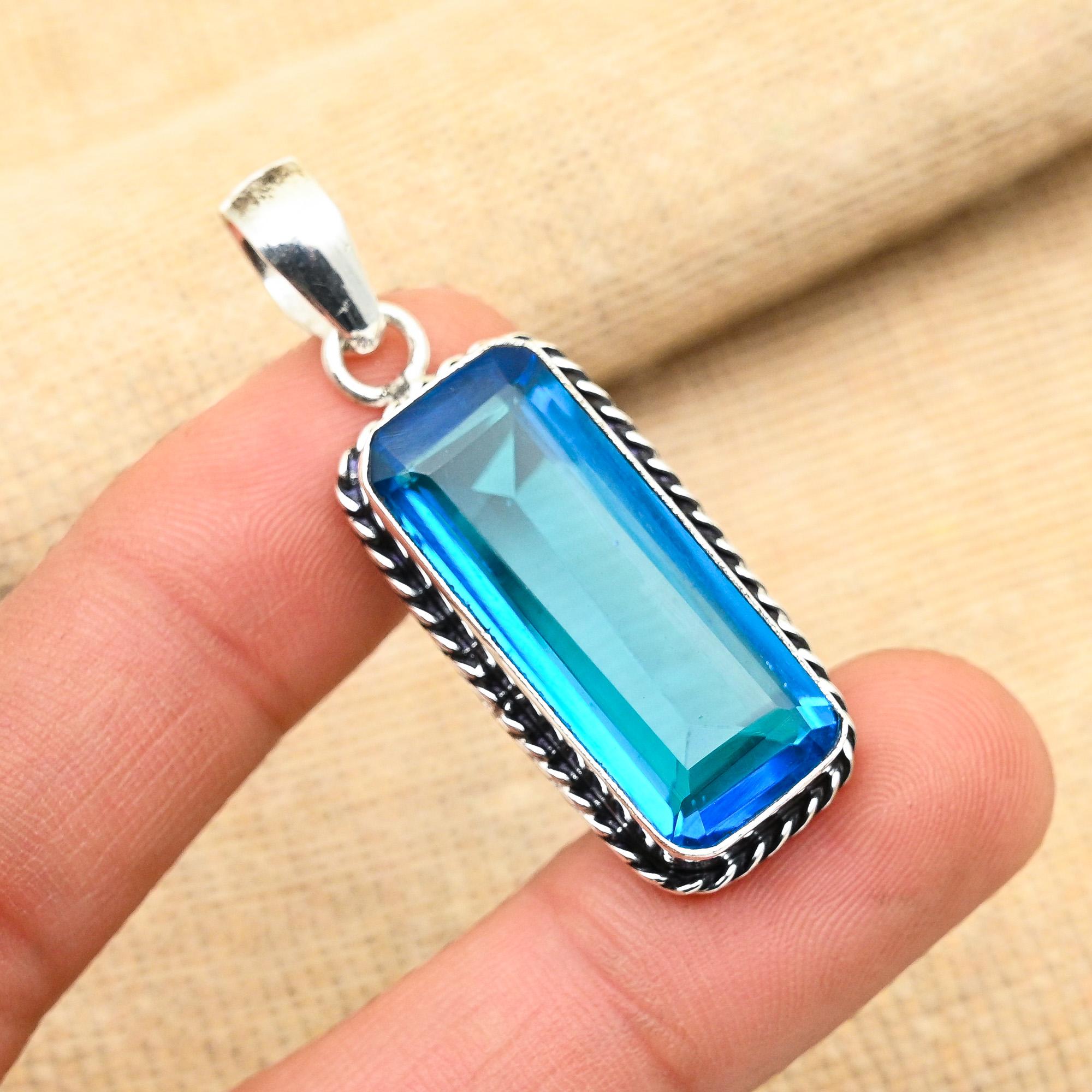Swiss Blue Topaz Gemstone 925 Solid Sterling Silver Amazing Jewelry Handmade Pendant For Her
