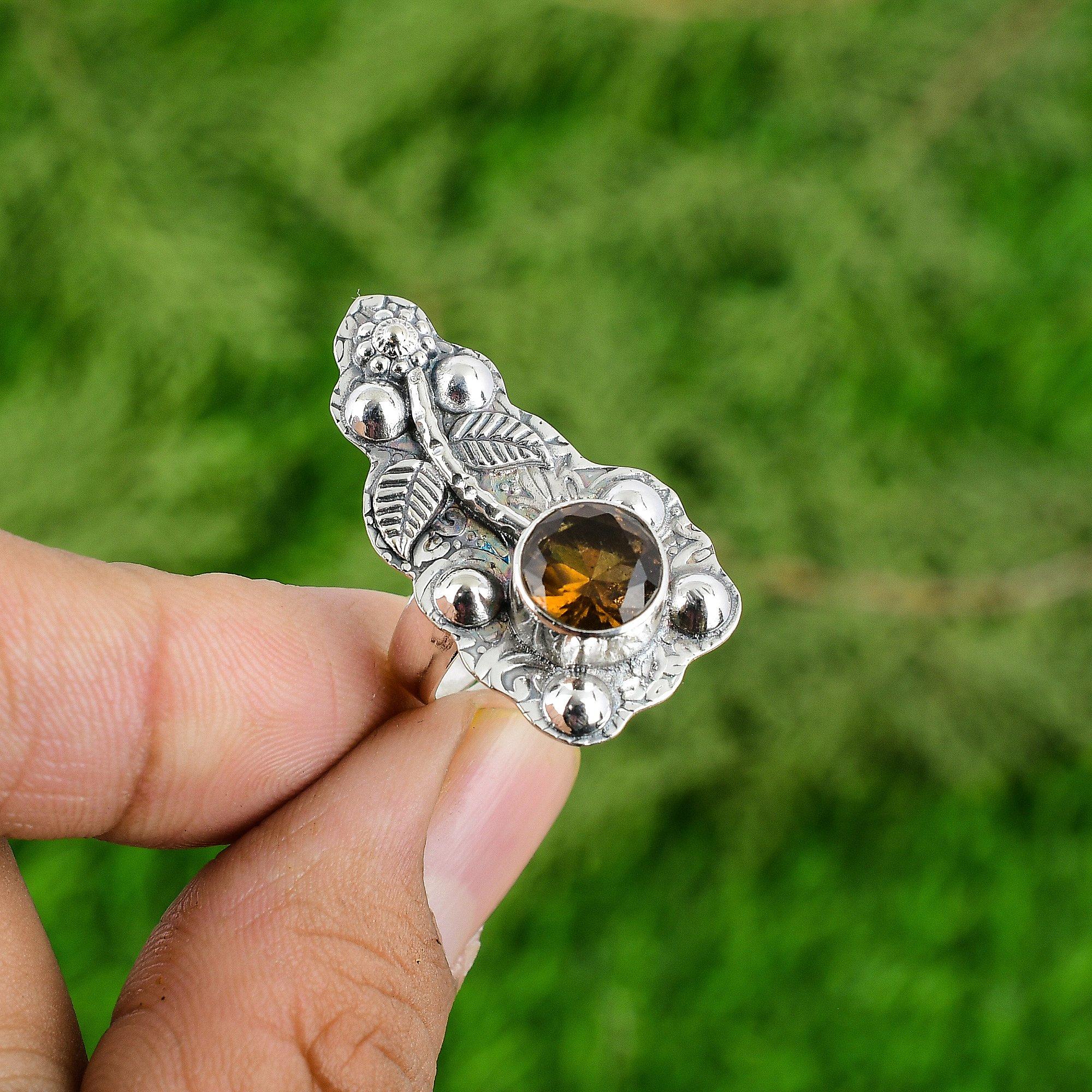 Natural Citrine November Statement Elegant Flower Daughter Ring Sterling Silver
