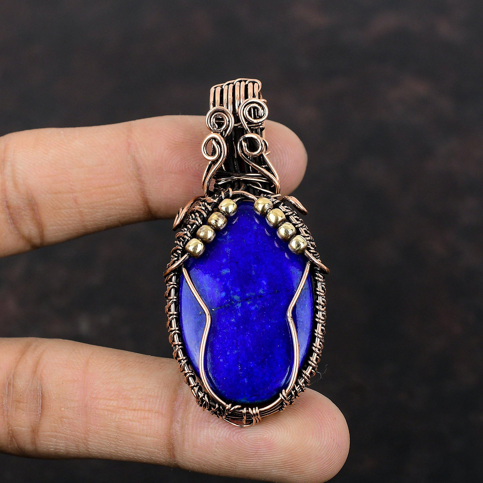 Lapis Lazuli Pendant Copper Wire Wrapped Pendant Wire Wrap Gemstone Jewelry Handmade Boho Pendant Unique Copper Design Jewelry Gift For Him