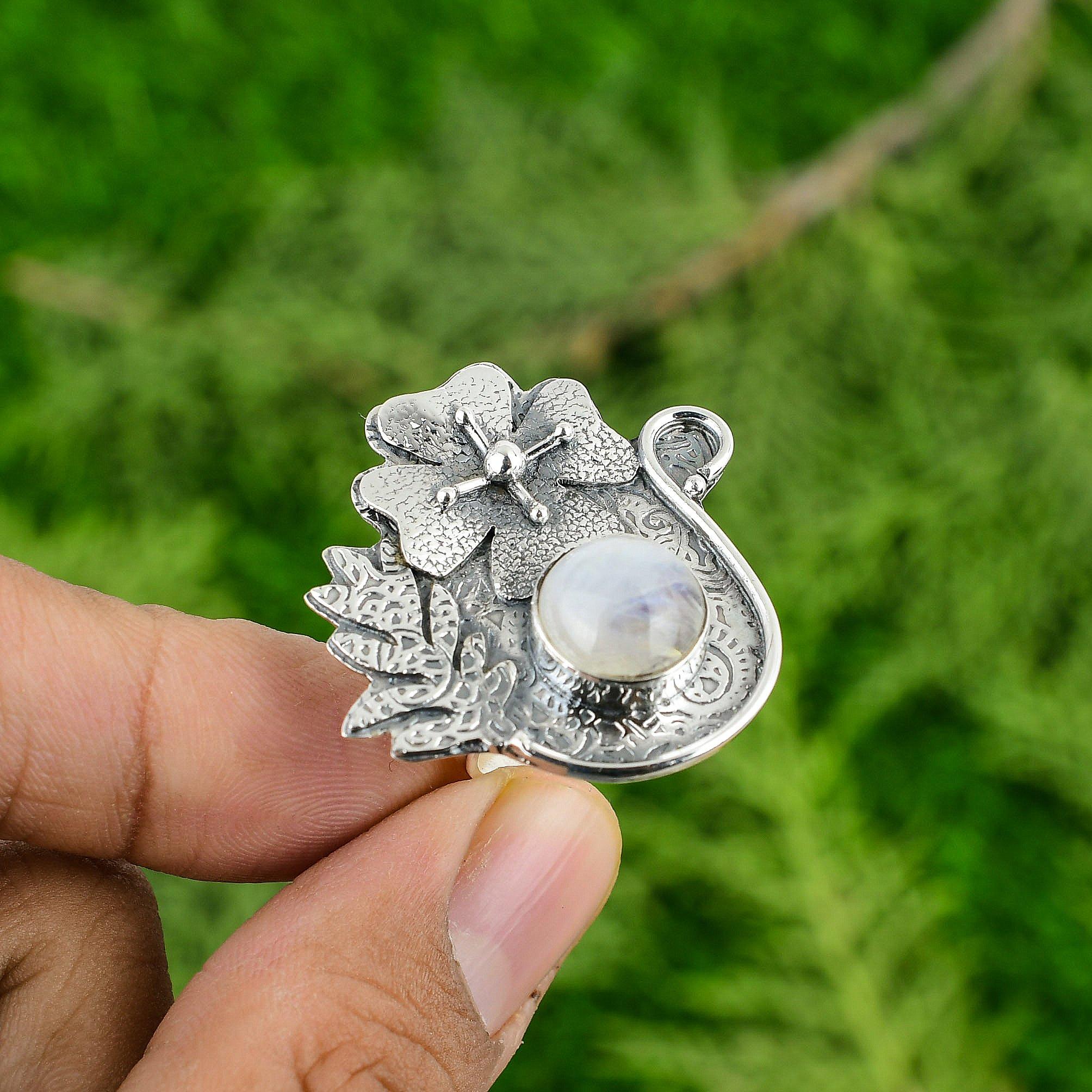 925 Silver Rainbow Moonstone Stone Statement Sister Artisan Flower Birthday Ring