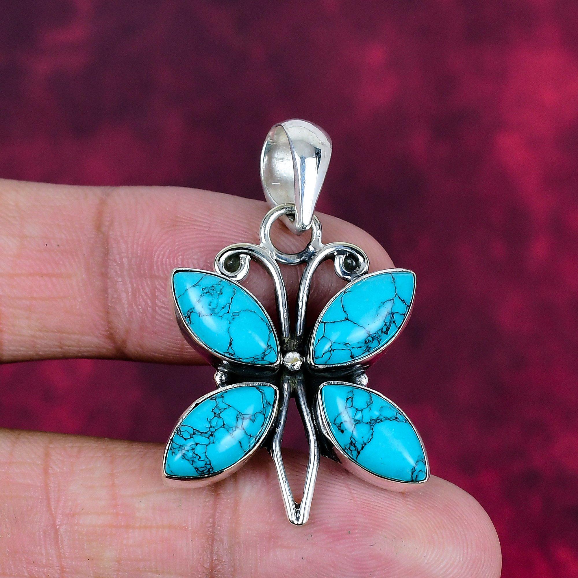 Blauer Türkis Handgemachter Edelstein Anhänger, 925 Sterling Silber Antik Schmuck Anhänger, Für Verlobungsgeschenk