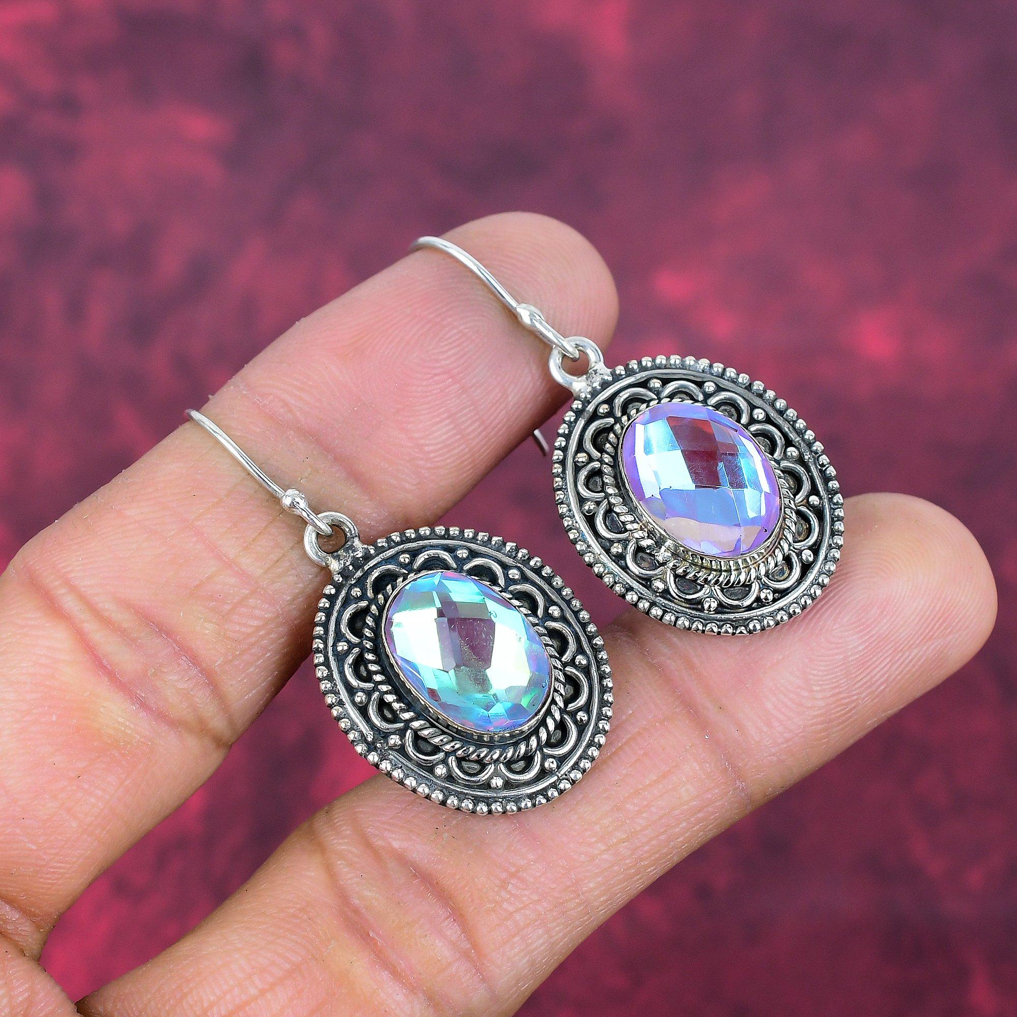 Faceted Mystic Topaz Earrings, 925 Solid Sterling Silver Earrings, Handmade Gemstone Jewelry, Gifts For Wife Brand New Earrings