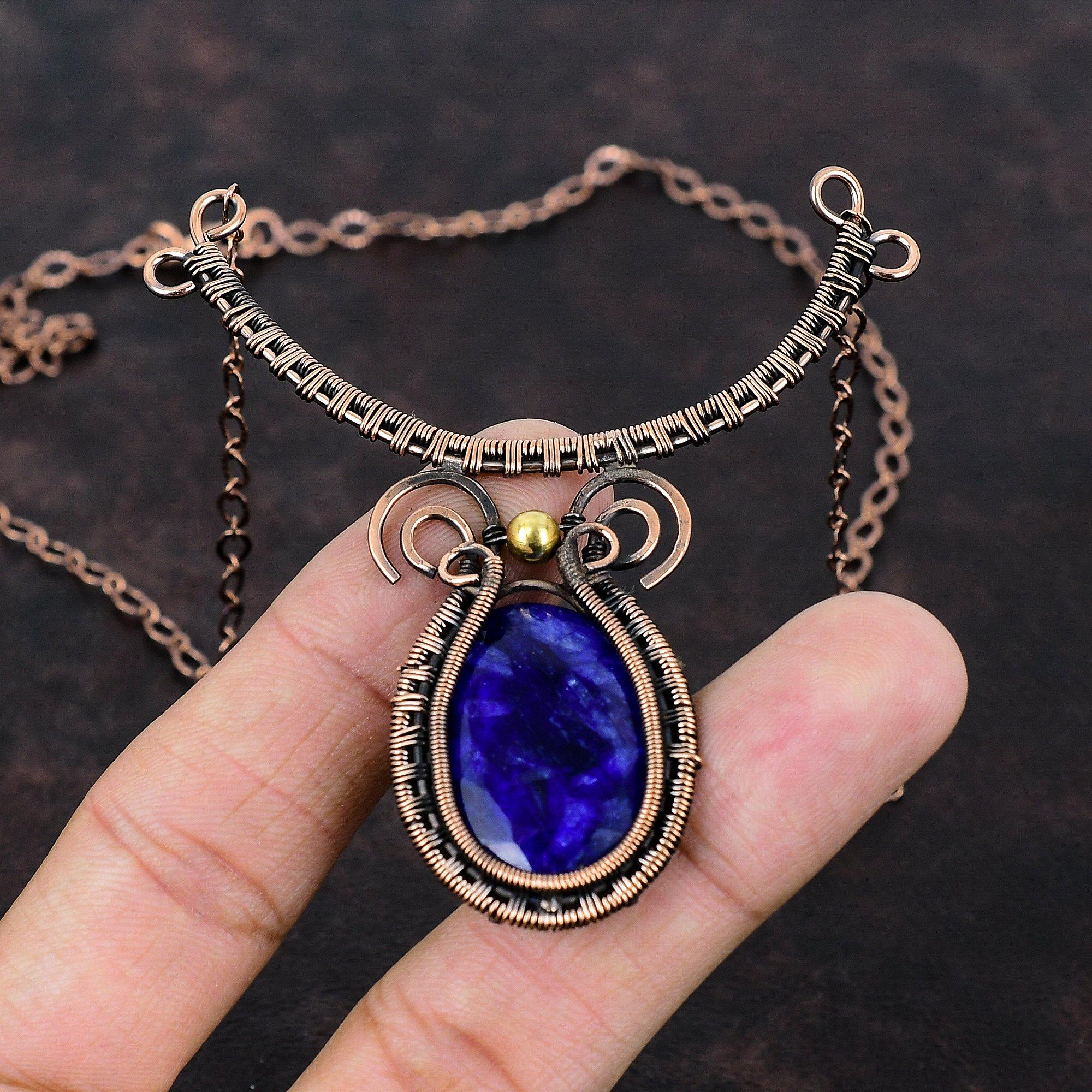 Faceted Blue Sapphire Necklace Copper Wire Wrapped Necklace Dainty Gemstone Jewelry Adjustable Necklace Handmade Copper Jewelry Wedding Gift