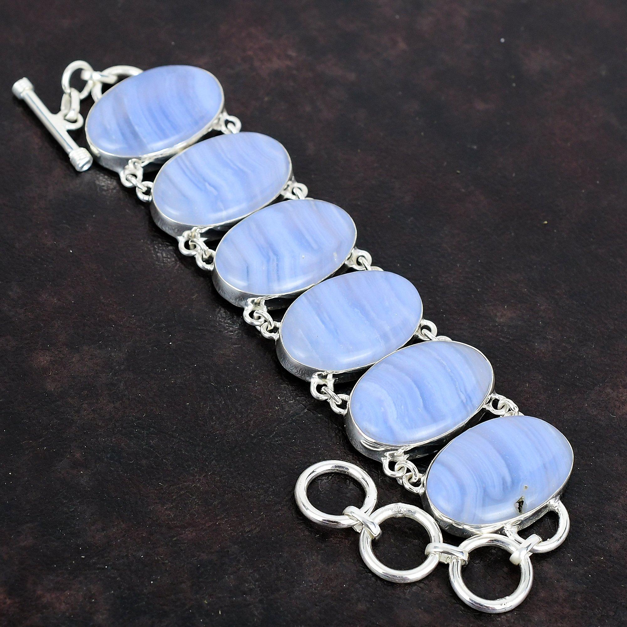 Blue Lace Agate Bracelet 925 Sterling Silver Bracelet Handmade Adjustable Chain Bracelet Gemstone Bracelet Silver Jewelry Anniversary Gifts
