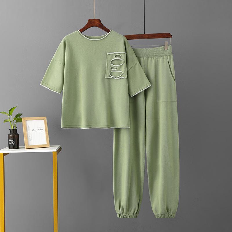 Summer Women's Knitted T-shirt Suit Plus Size Ice Silk Fashion Short-sleeved Top Trousers Casual Two-piece Set