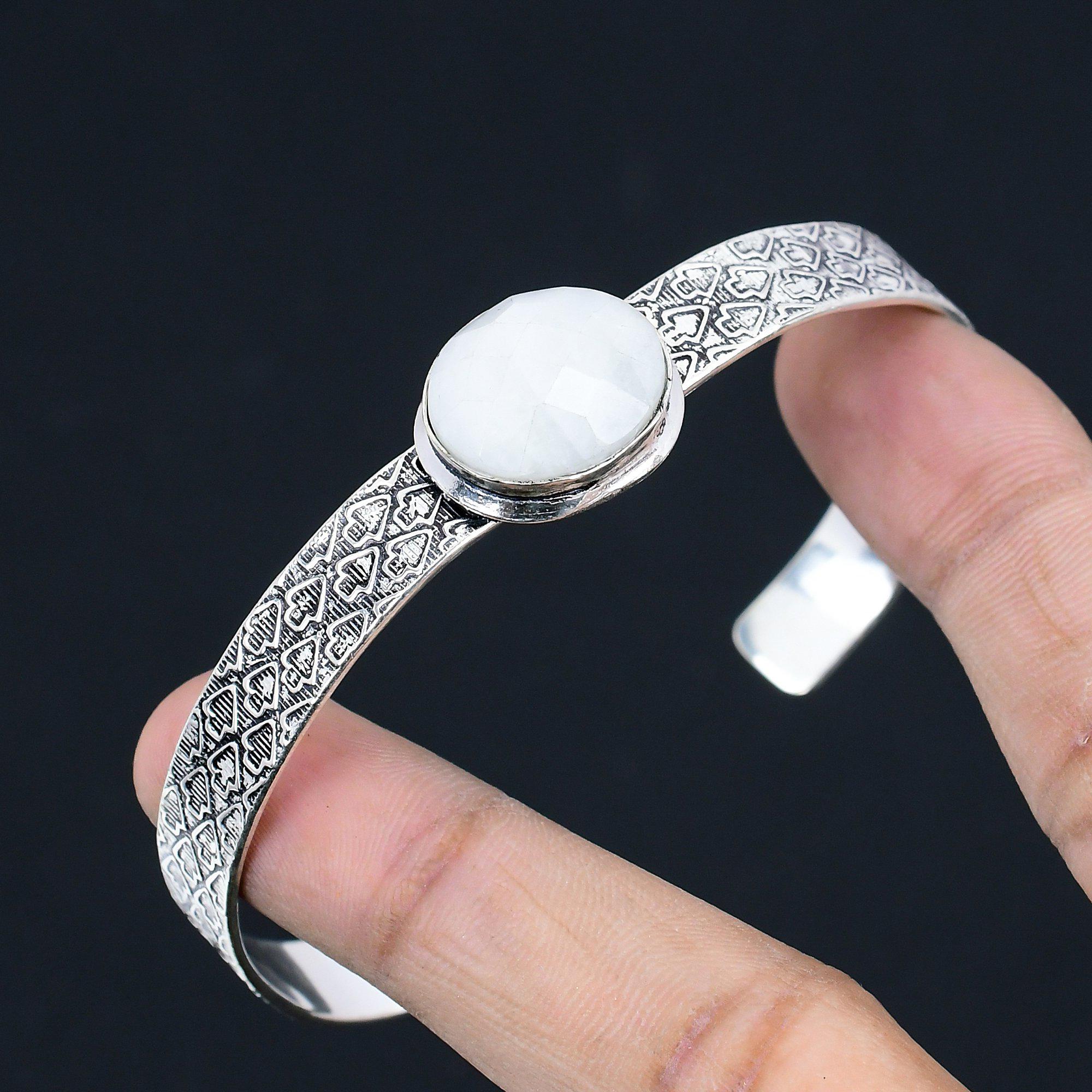 Oval Crown Chakra Natural Rainbow Moonstone 925 Silver Sister New Bangle Jewelry