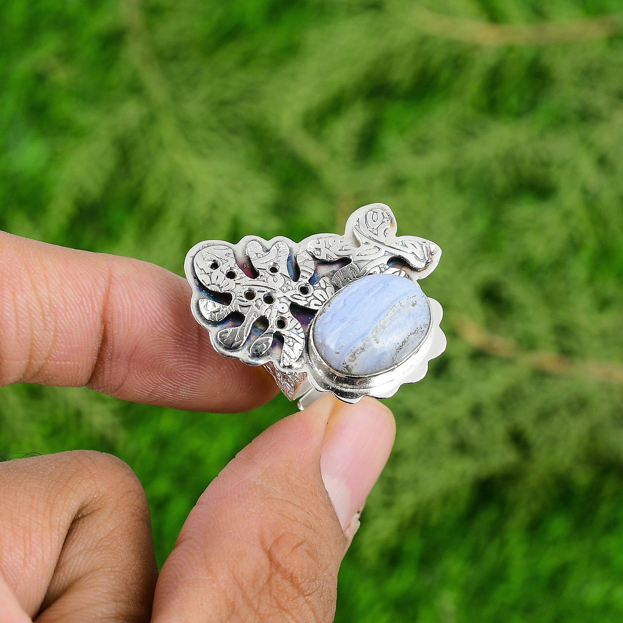 Mothers day Deal 925 Silver Oval Natural Blue Lace Agate Solitaire Ring Jewelry