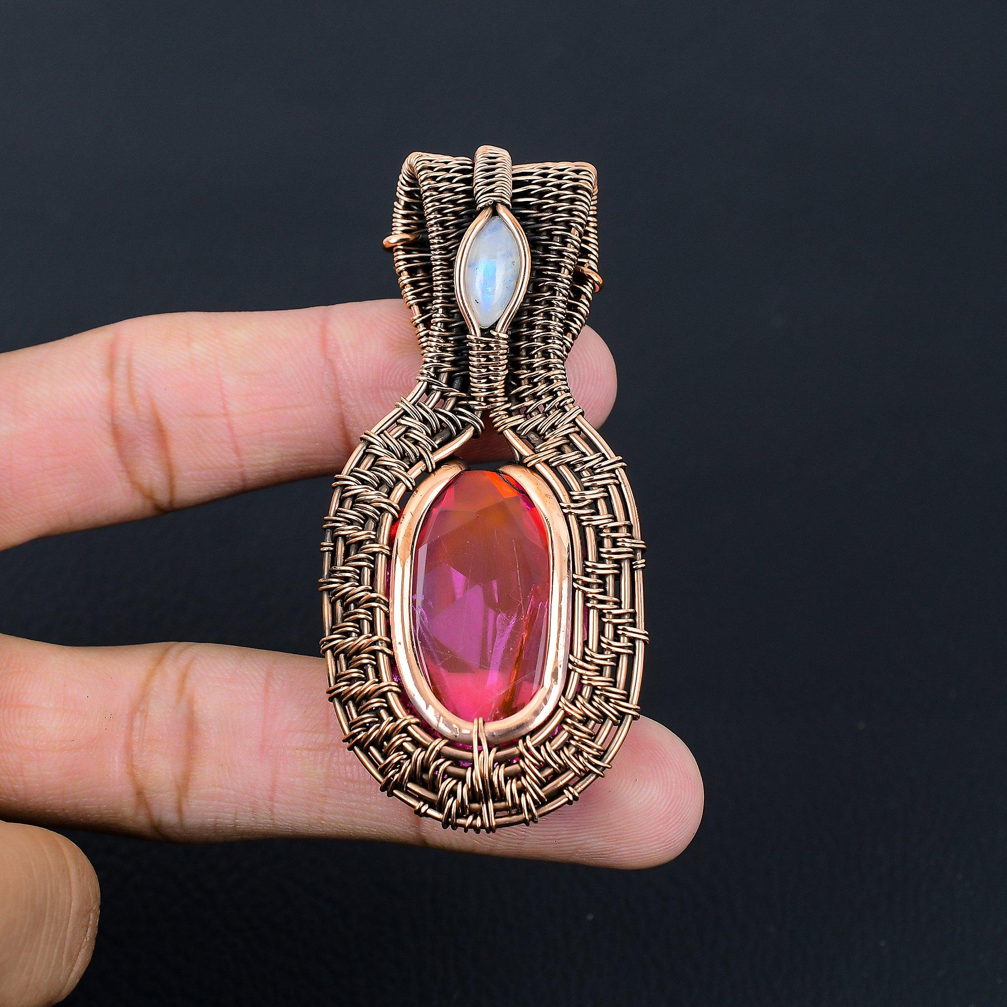 Amazing Rubellite & Moonstone Gemstone Handmade Pure Copper Wire Wrap Jewelry Pendant