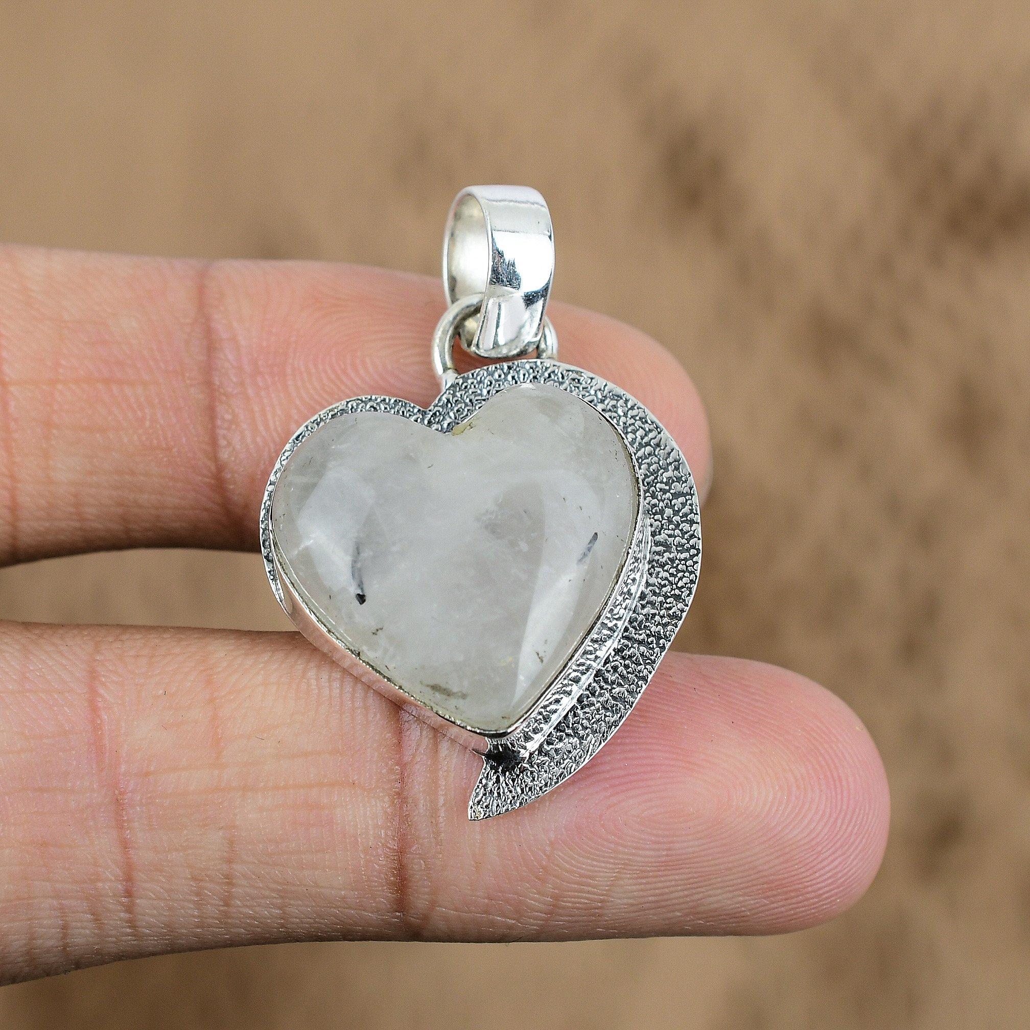 Gift For Women Pendant Heart 925 Sterling Silver Natural Black Rutile Gemstone