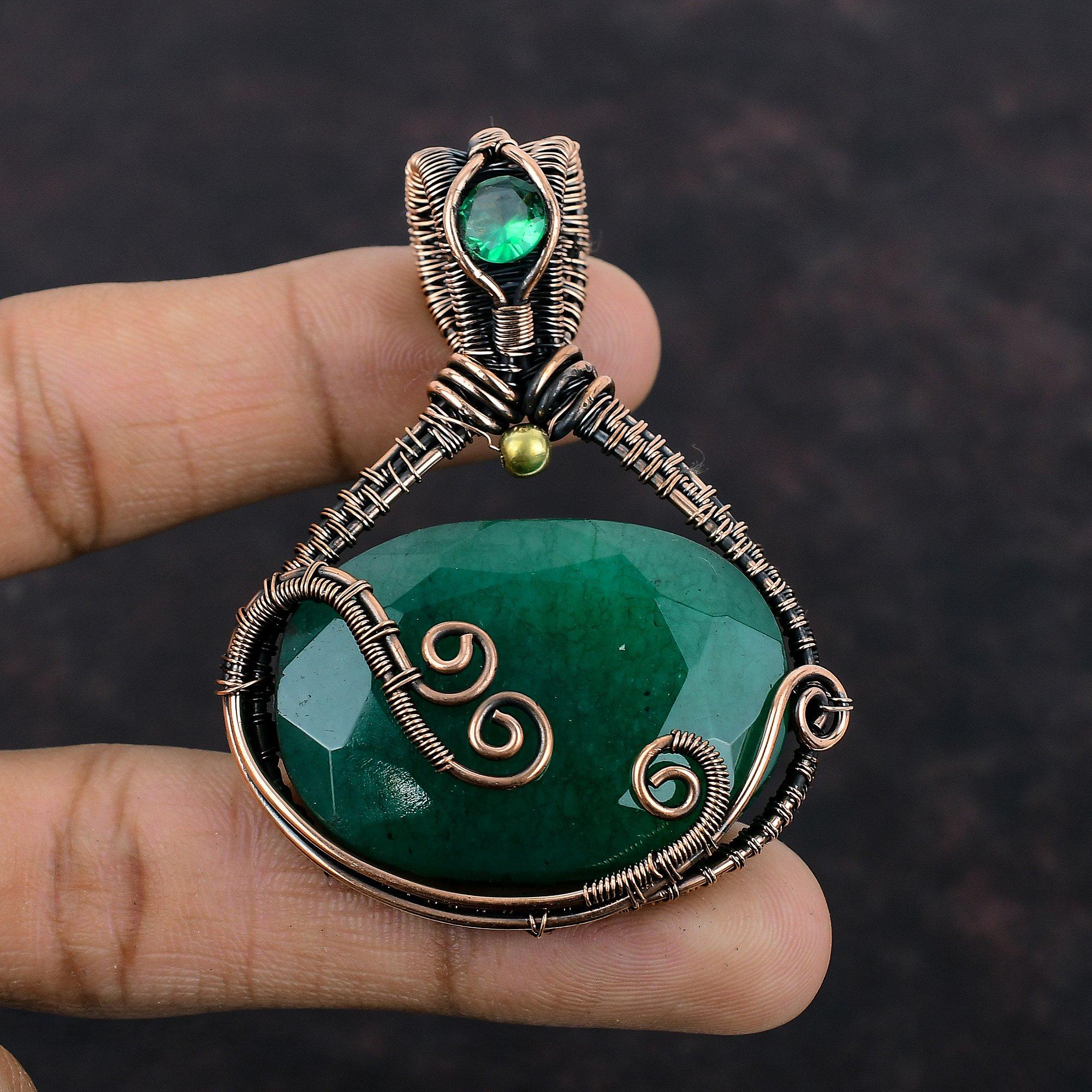 Faceted Zambian Emerald Pendant Copper Wire Wrapped Gemstone Jewelry Chrome Diopside Pendant Handmade Jewelry Gift For Mother Copper Pendant