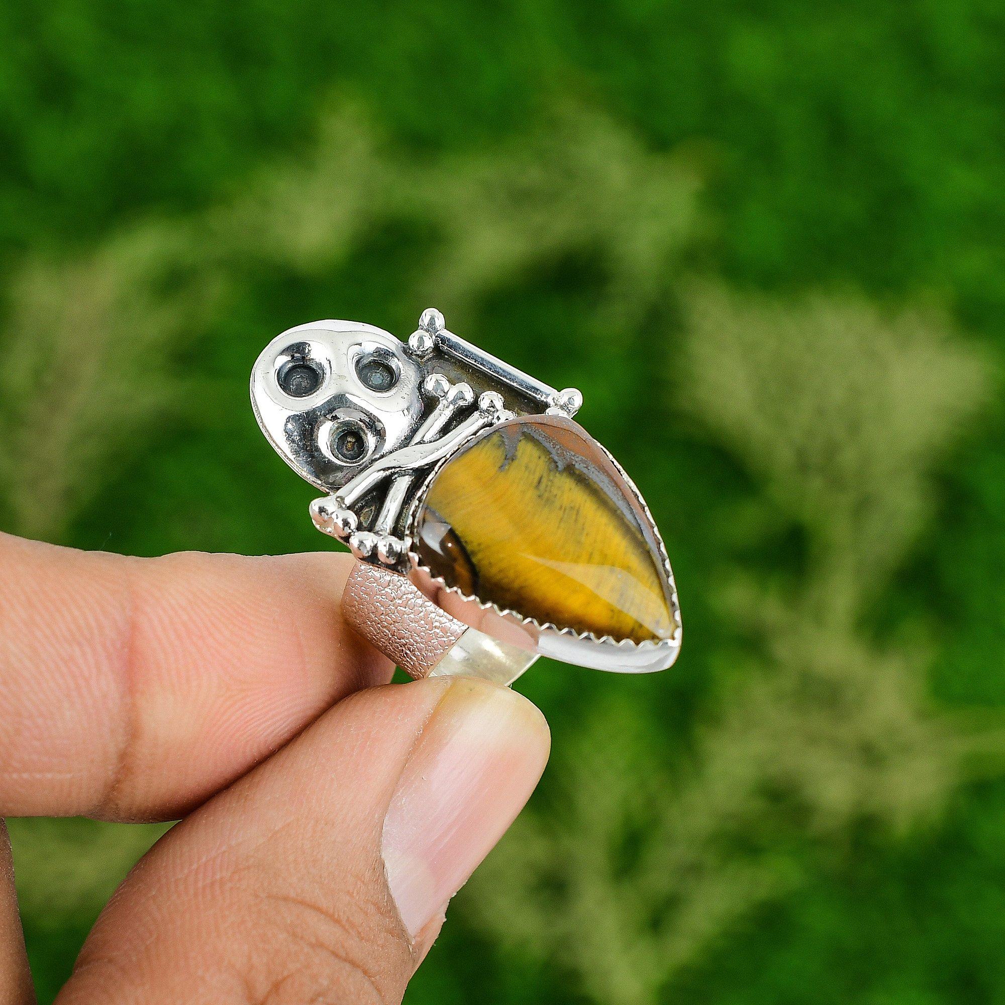 Natural Tiger'S Eye Skull And Bone Adjustable Ring 925 Silver For Women