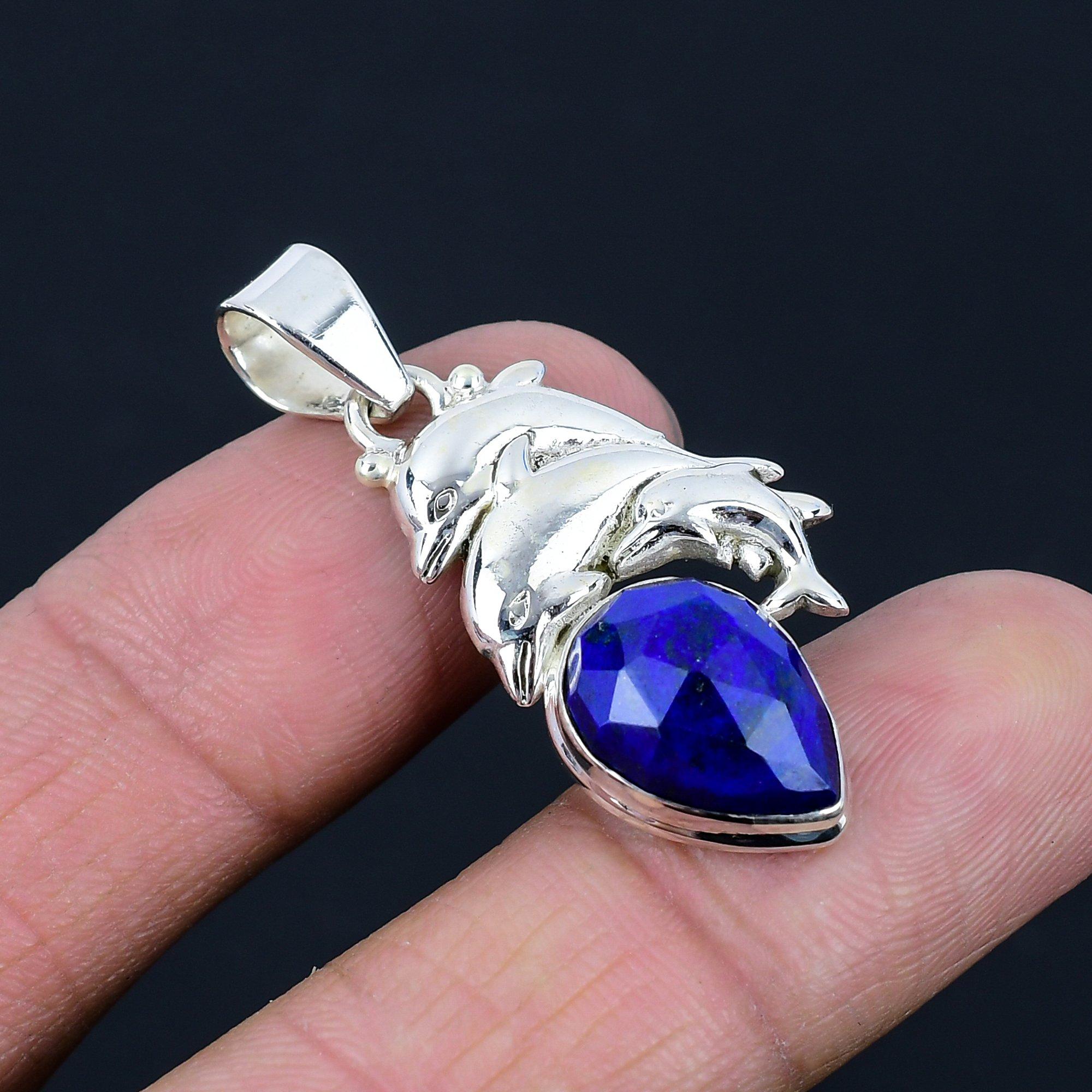Natural Lapis Lazuli Gemstone Pendant, 925 Sterling Silver, Dolphin Design Pendant, Handmade Pendant Jewelry Gift For Valentine's Day